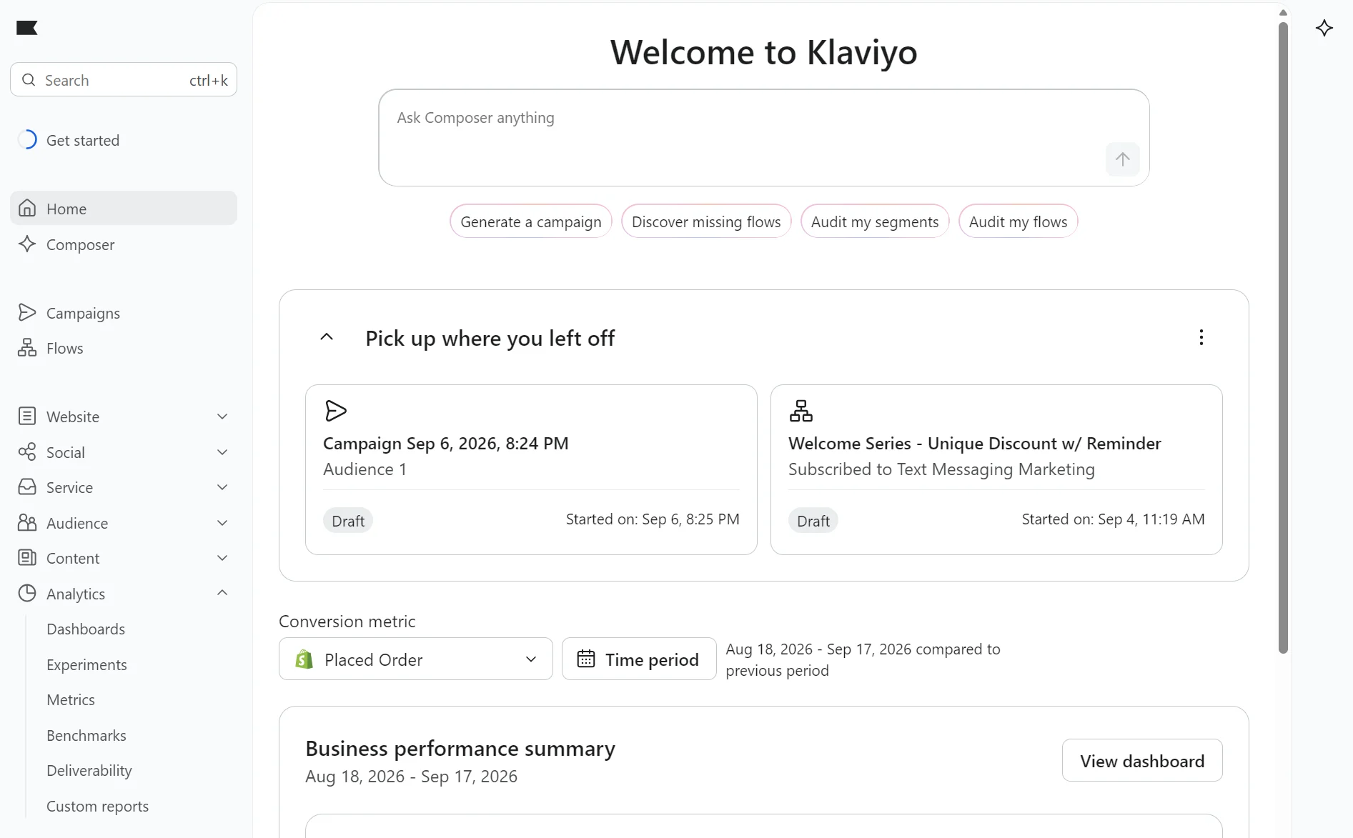 Klaviyo dashboard showing navigation menu on the left and campaign, metrics, and summary sections on the main screen.