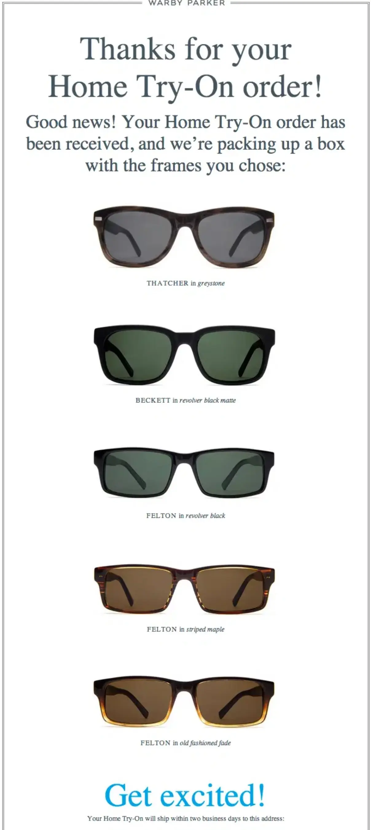 Five pairs of Warby Parker eyeglasses in various colors and styles, arranged vertically for a Home Try-On order.