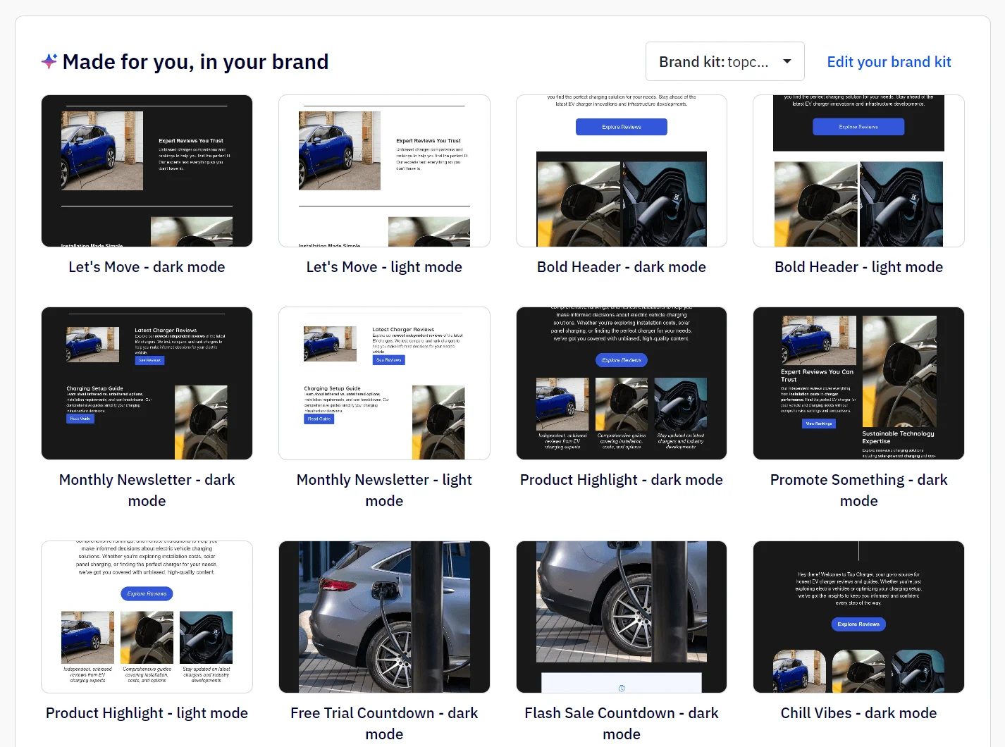 Grid of email marketing templates in light and dark modes, featuring cars and promotional texts for various campaigns.