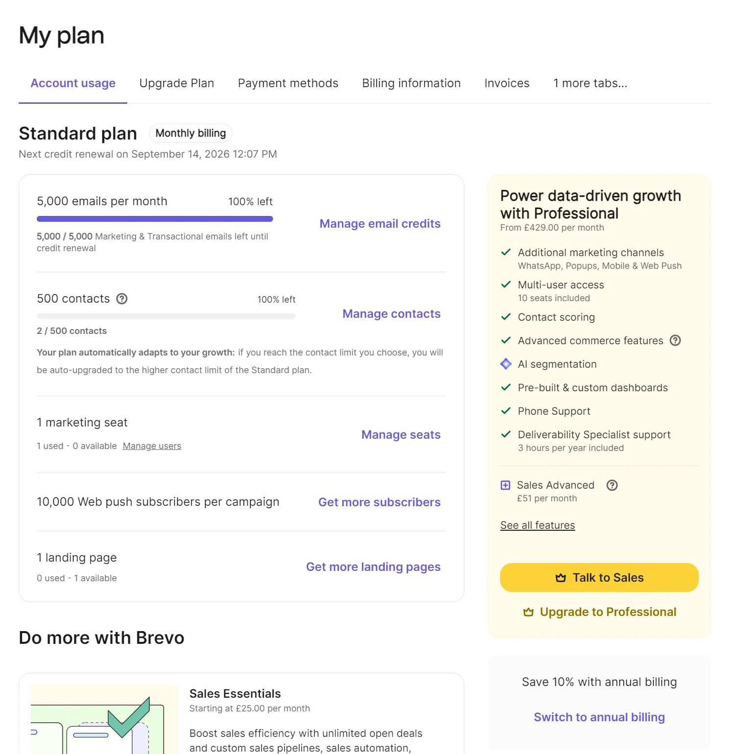 Dashboard displaying details of a Standard email plan, contact usage, and options to upgrade or manage related features.