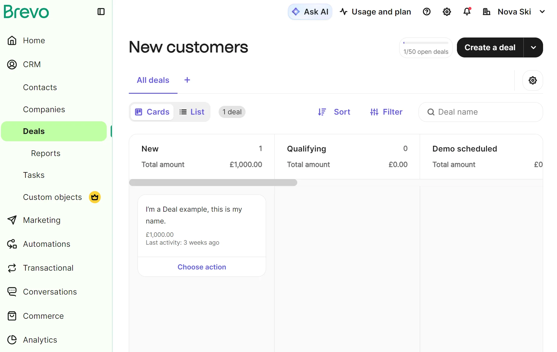 A dashboard page shows a deals pipeline with stages: New, Qualifying, and Demo scheduled, and deal amounts listed.