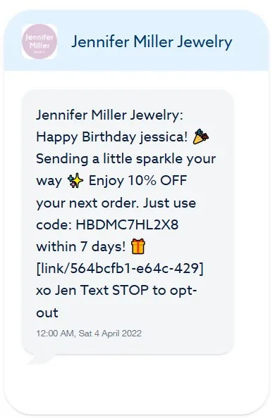 Text message from Jennifer Miller Jewelry with a birthday greeting, 10% off code, and opt-out instructions.