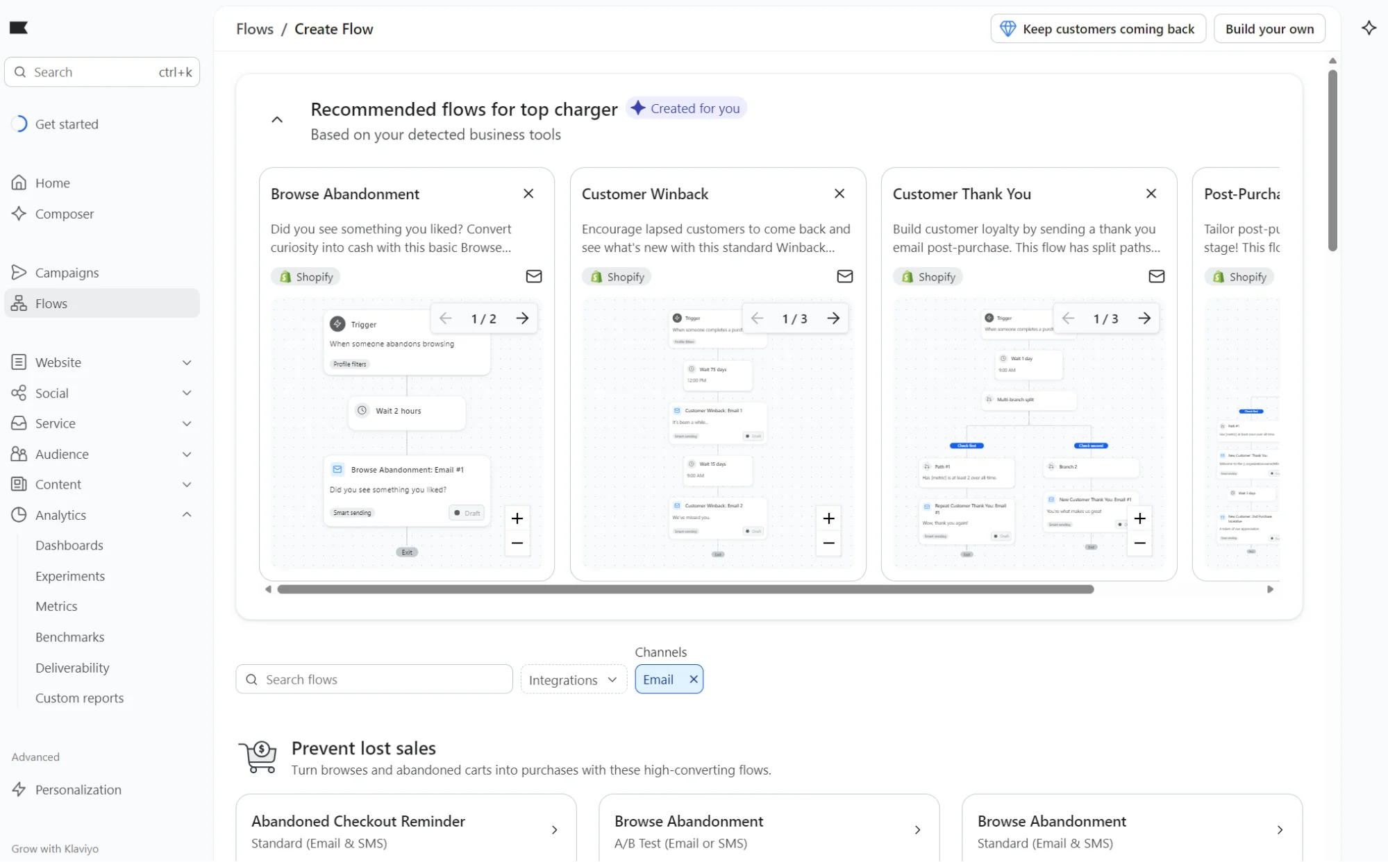 Dashboard interface showing recommended email automation flows for ecommerce, including abandonment and thank you messages.