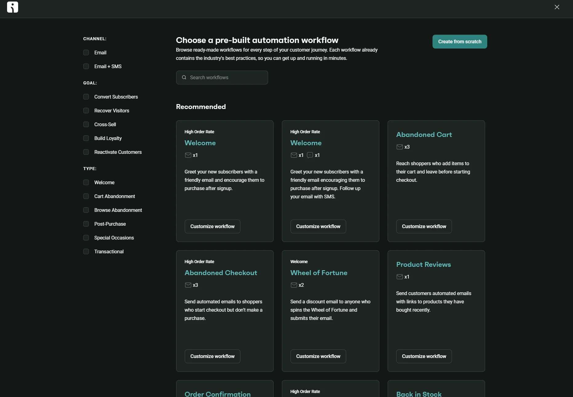 Options to choose and customize pre-built automation workflows for email and SMS marketing campaigns.