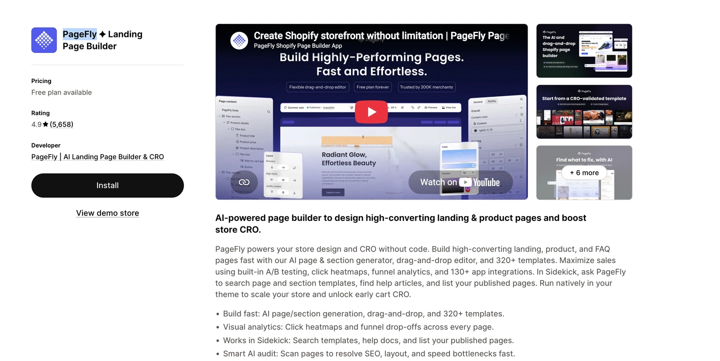 A webpage for PageFly, an AI-powered Shopify landing page builder, featuring templates and a video demo.