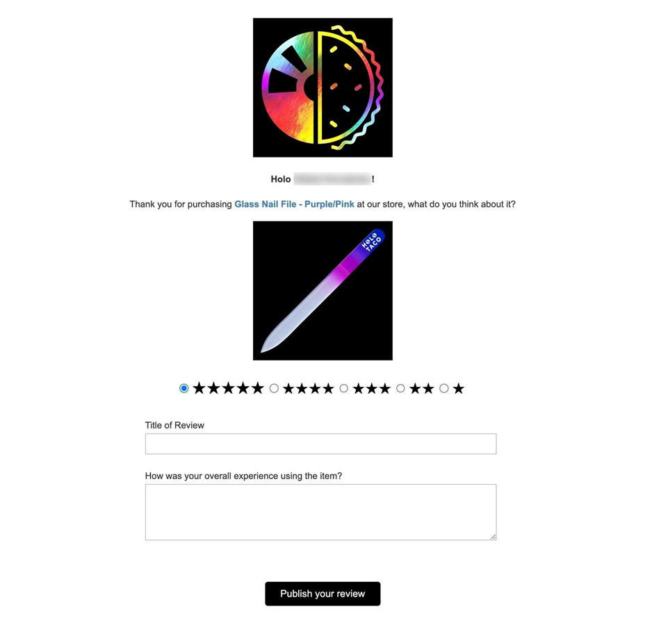 A customer review form for a glass nail file, showing a rating scale and text boxes for review title and comments.