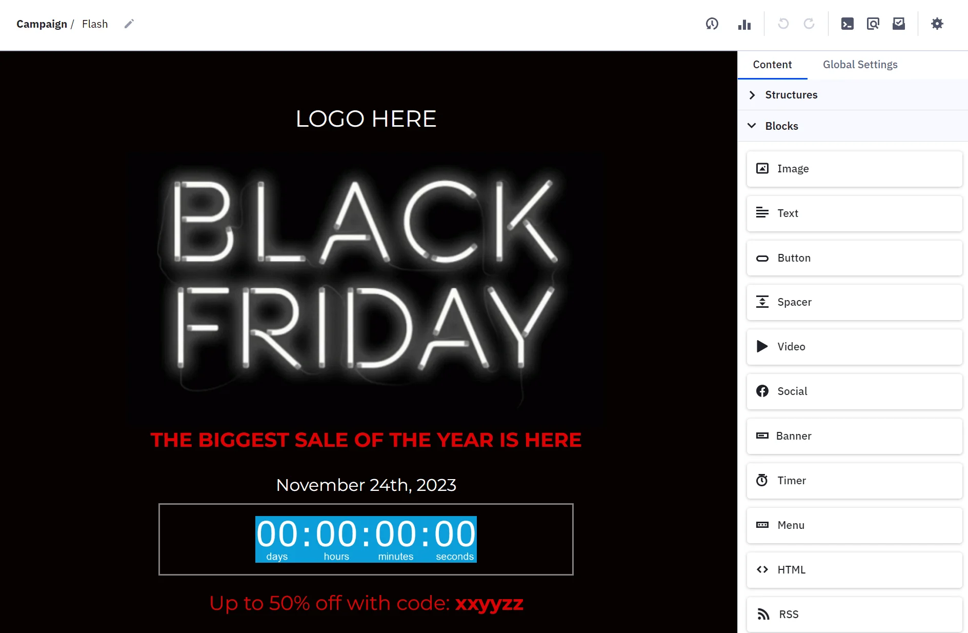Black Friday sale ad with countdown timer, discount code, and text announcing up to 50% off on November 24, 2023.