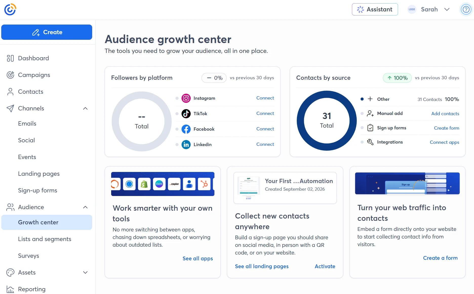 Dashboard view of an audience growth center showing follower stats, contact sources, and integration options.