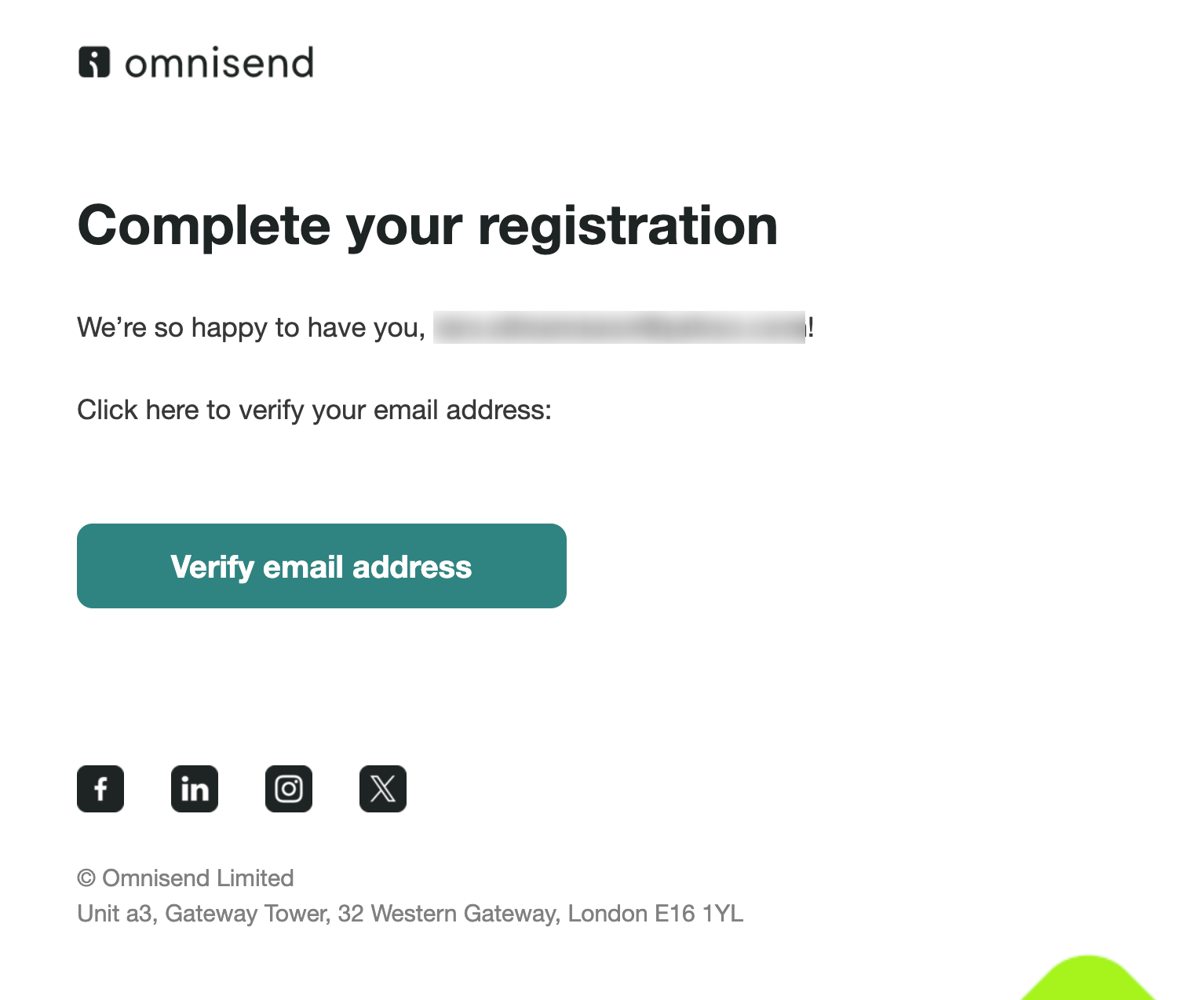 Omnisend registration email with a button to verify email address and social media icons at the bottom.