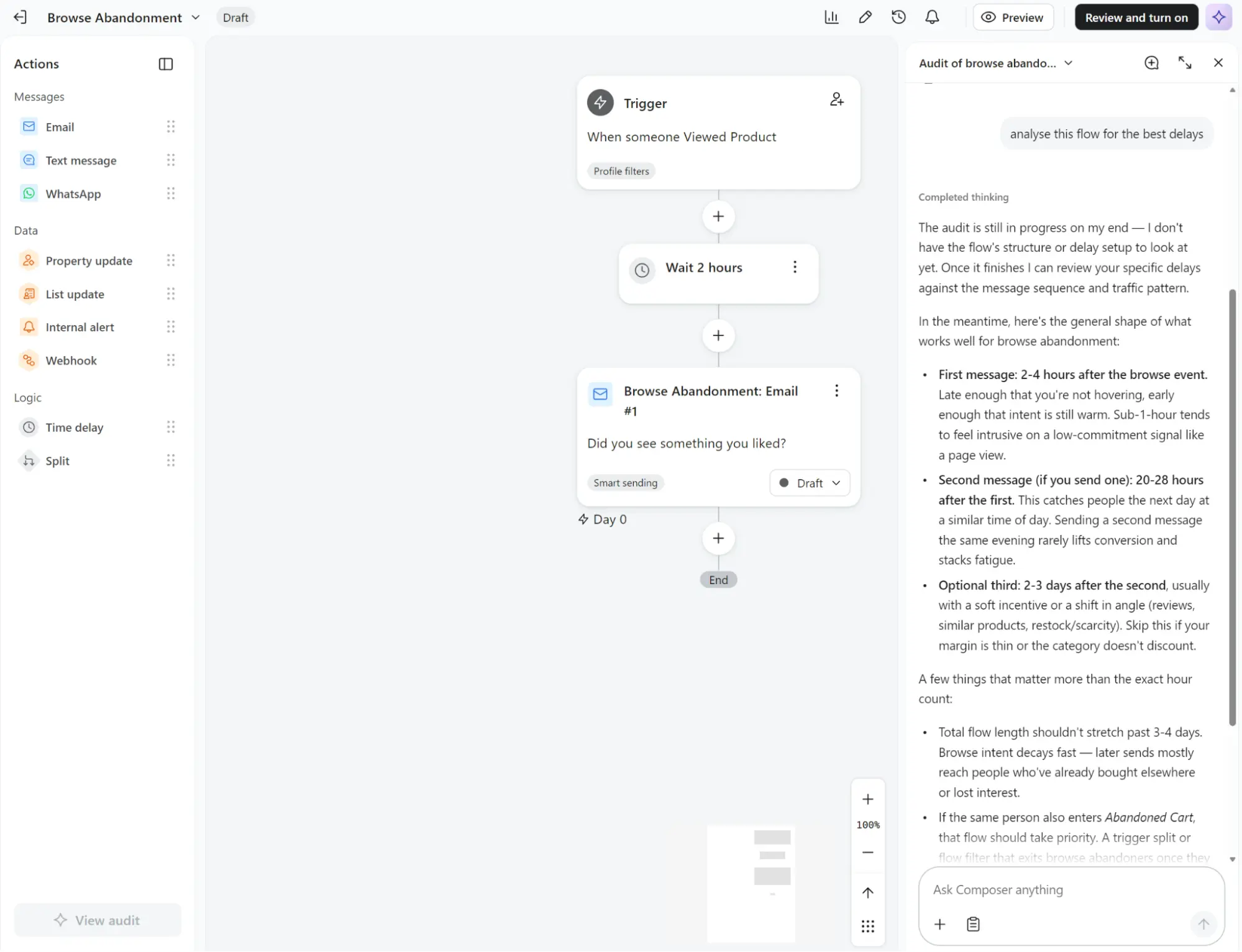 Workflow automation dashboard showing a Browse Abandonment email sequence with a trigger, wait time, and message steps.