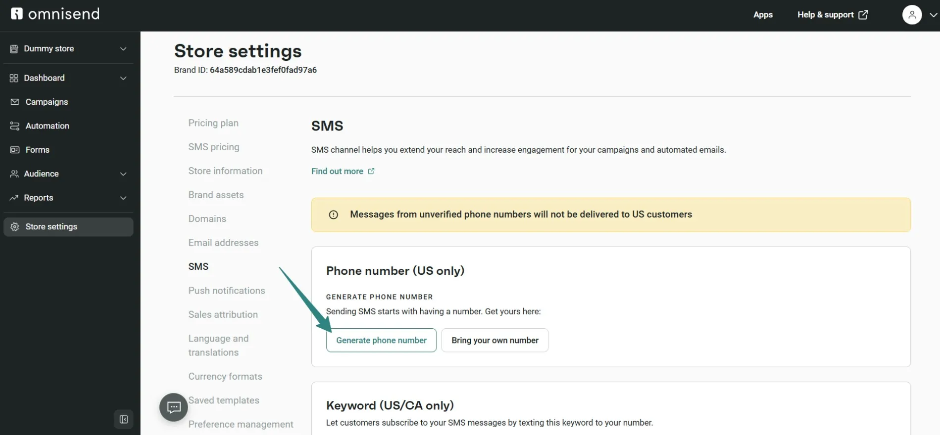 Omnisend store settings page displaying SMS options for adding or generating a phone number for US customers.