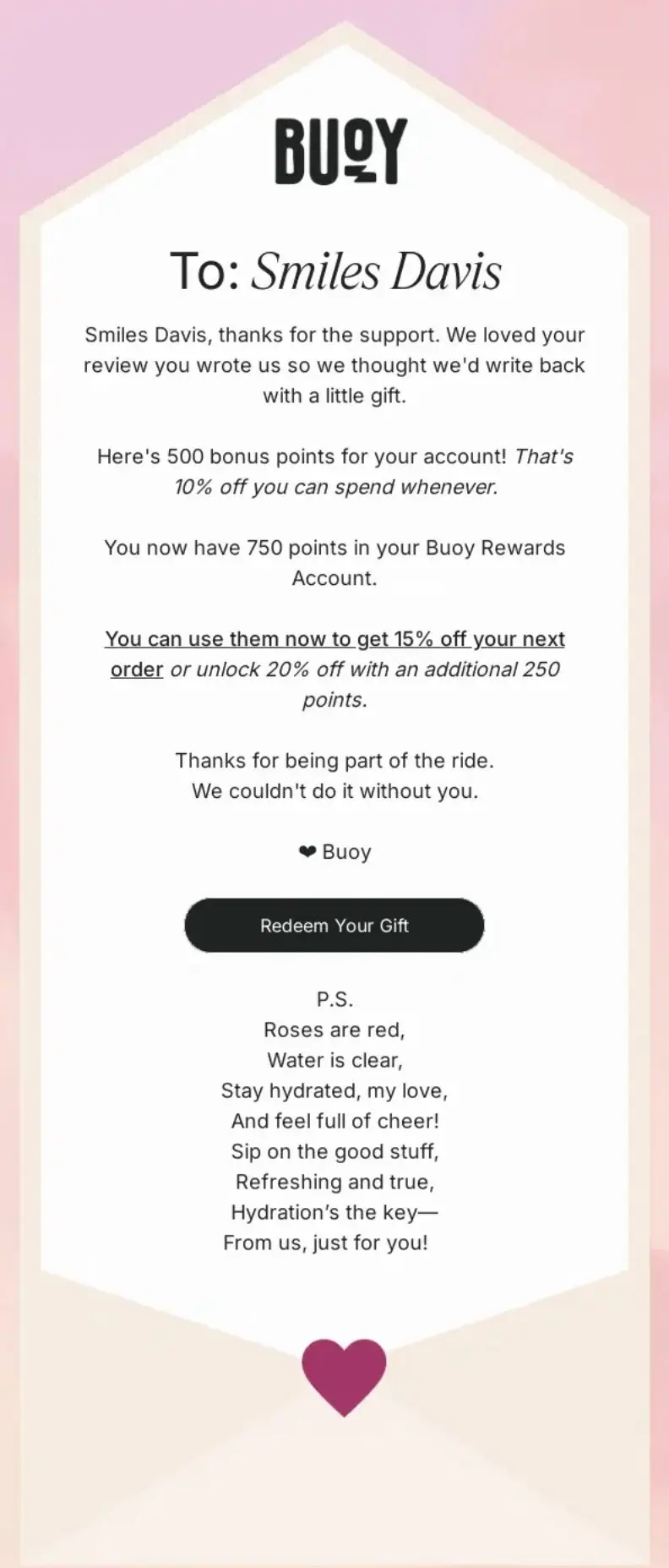 A rewards email from Buoy offering 500 bonus points and a discount to the recipient named Smiles Davis.