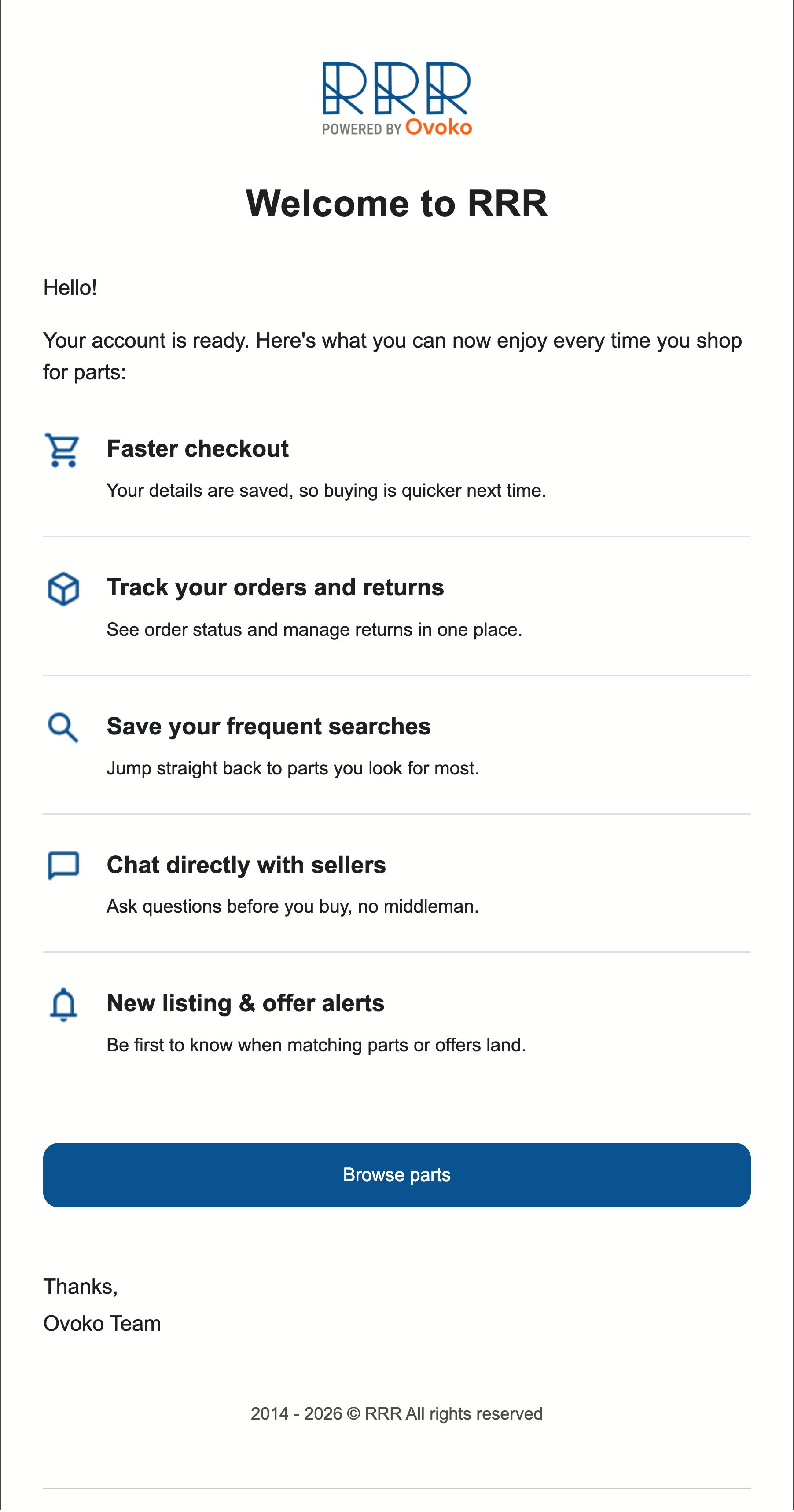 Welcome to RRR! Your account is ready. Enjoy: faster checkout, order tracking, saved searches, chat, and new part alerts.