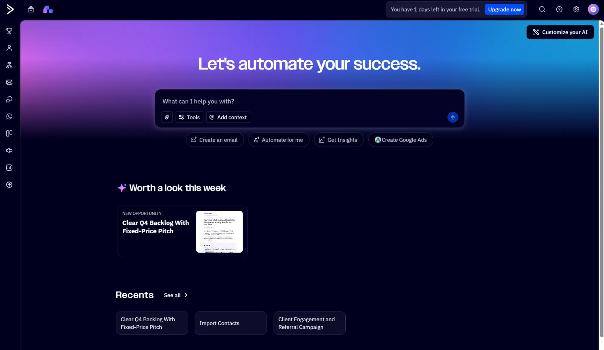 Dashboard interface with a purple gradient header, search bar, task buttons, and recent activity cards displayed below.