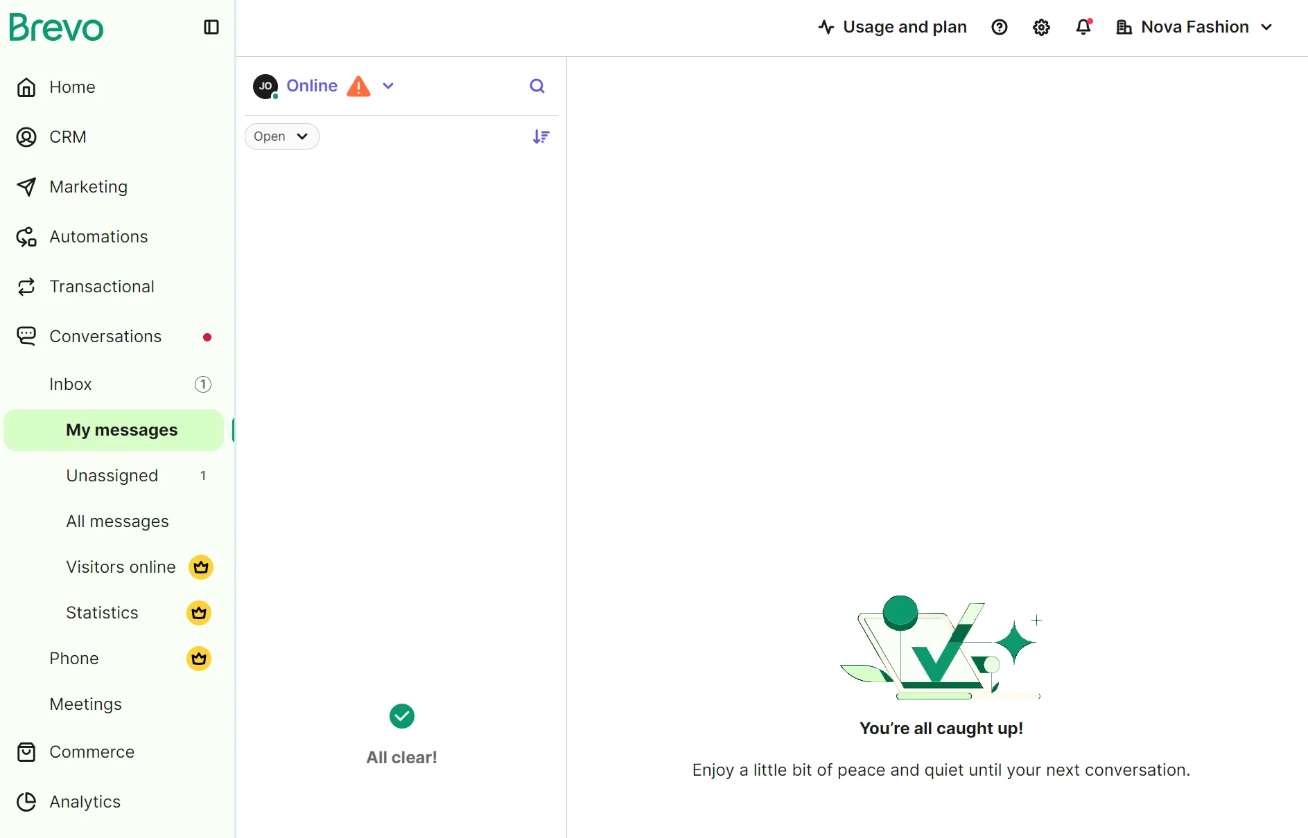 Brevo inbox showing All clear! with no new messages and a message stating, Youre all caught up!.