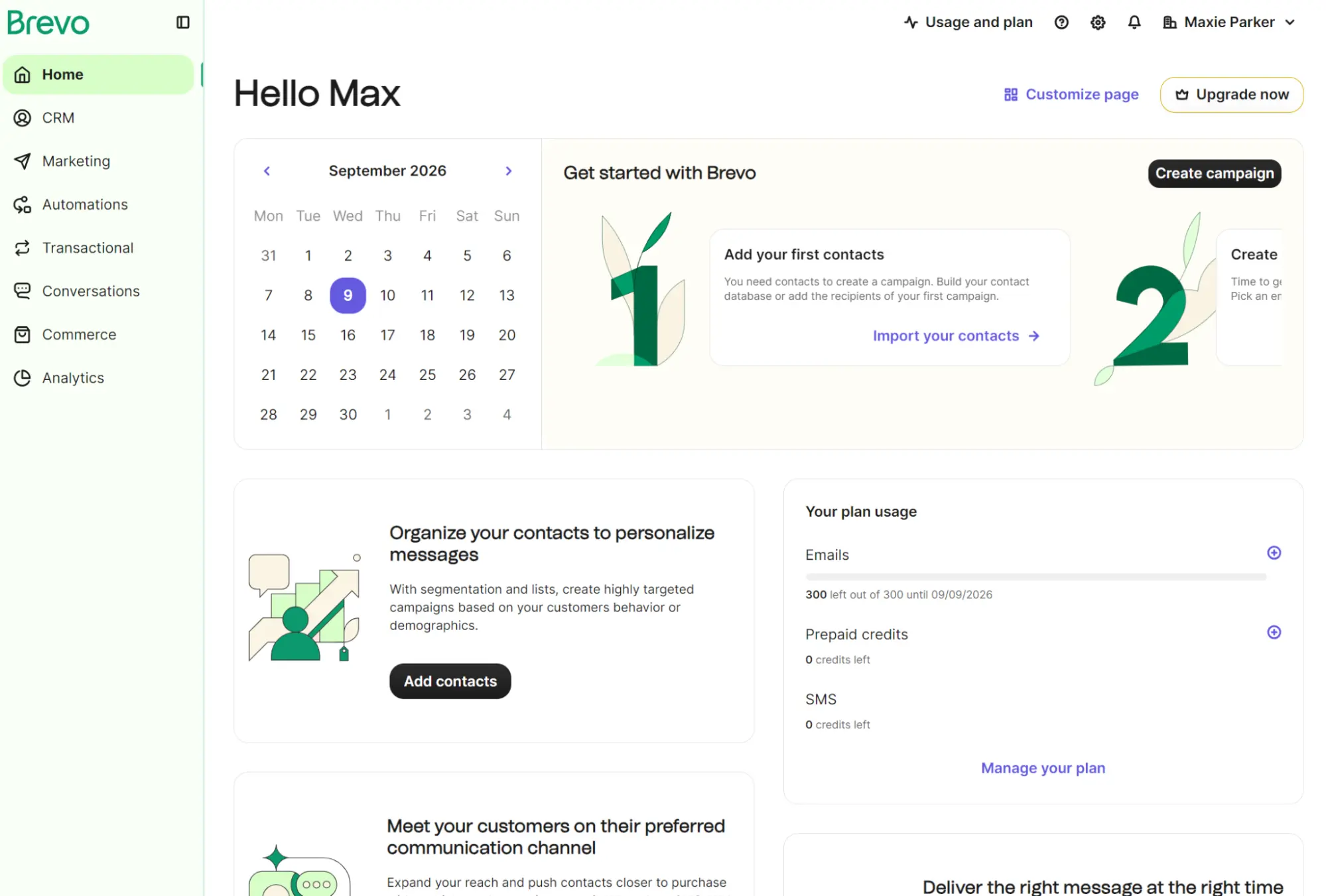 Dashboard showing a calendar, contact management options, usage stats, and navigation menu for CRM, marketing, and analytics.