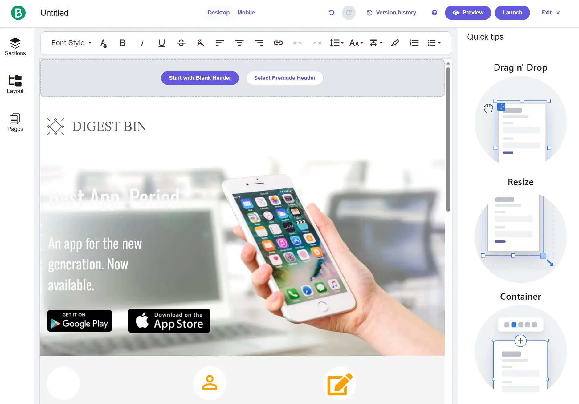A website editor interface displaying a demo app preview with a hand holding a smartphone and sidebar editing tools.