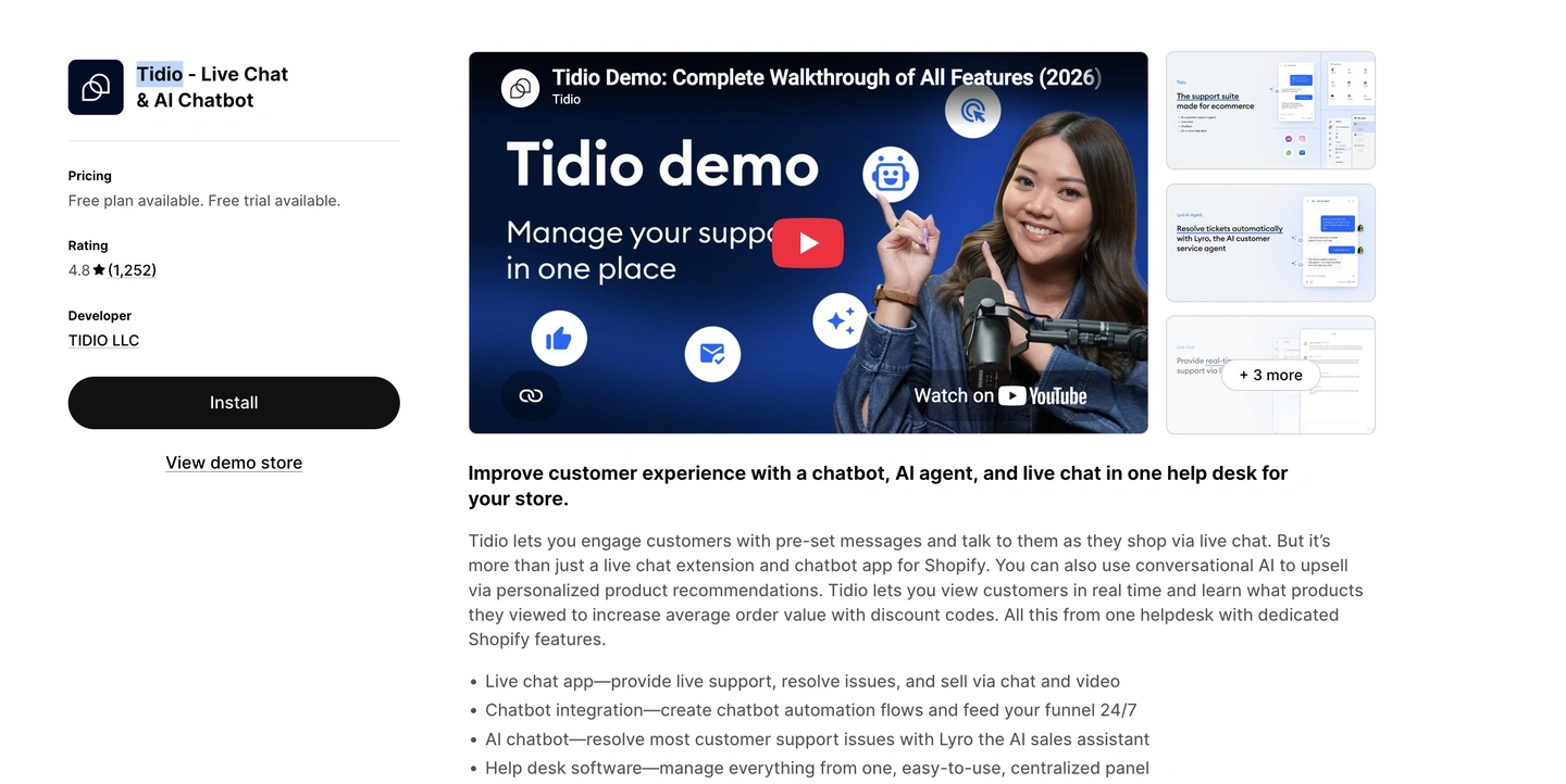 Tidio chatbot app page, featuring a woman with a microphone and text about Tidios features and support.
