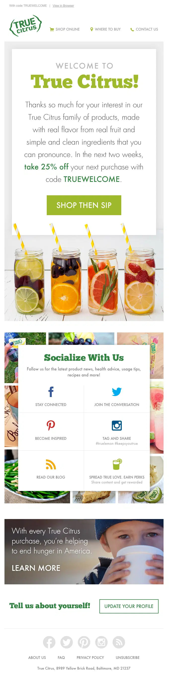 Email of four glasses of fruit-infused drinks with herbs and citrus slices on a white background, arranged side by side.