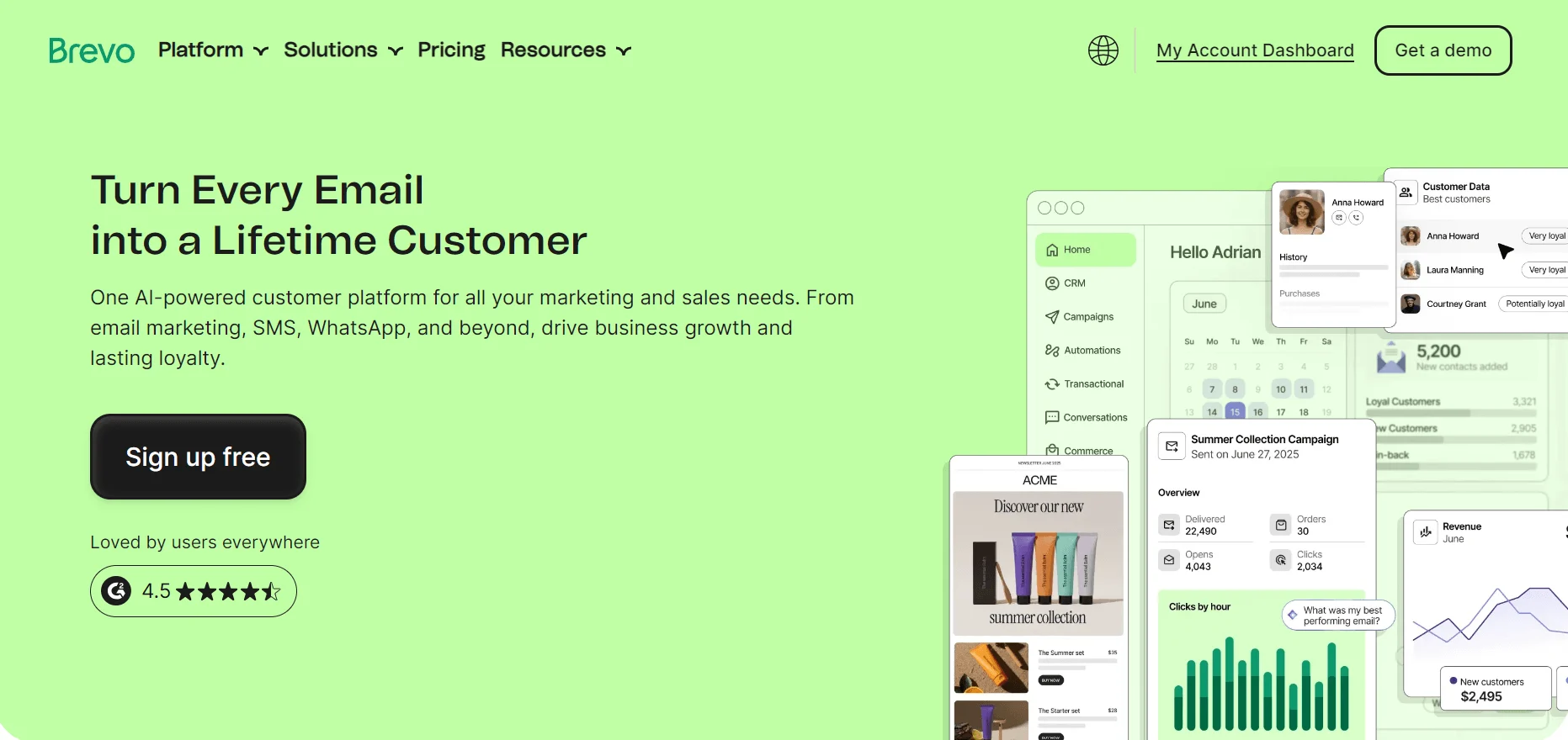 Brevo website homepage showing a marketing dashboard, customer reviews, and a call to action to sign up or get a demo.