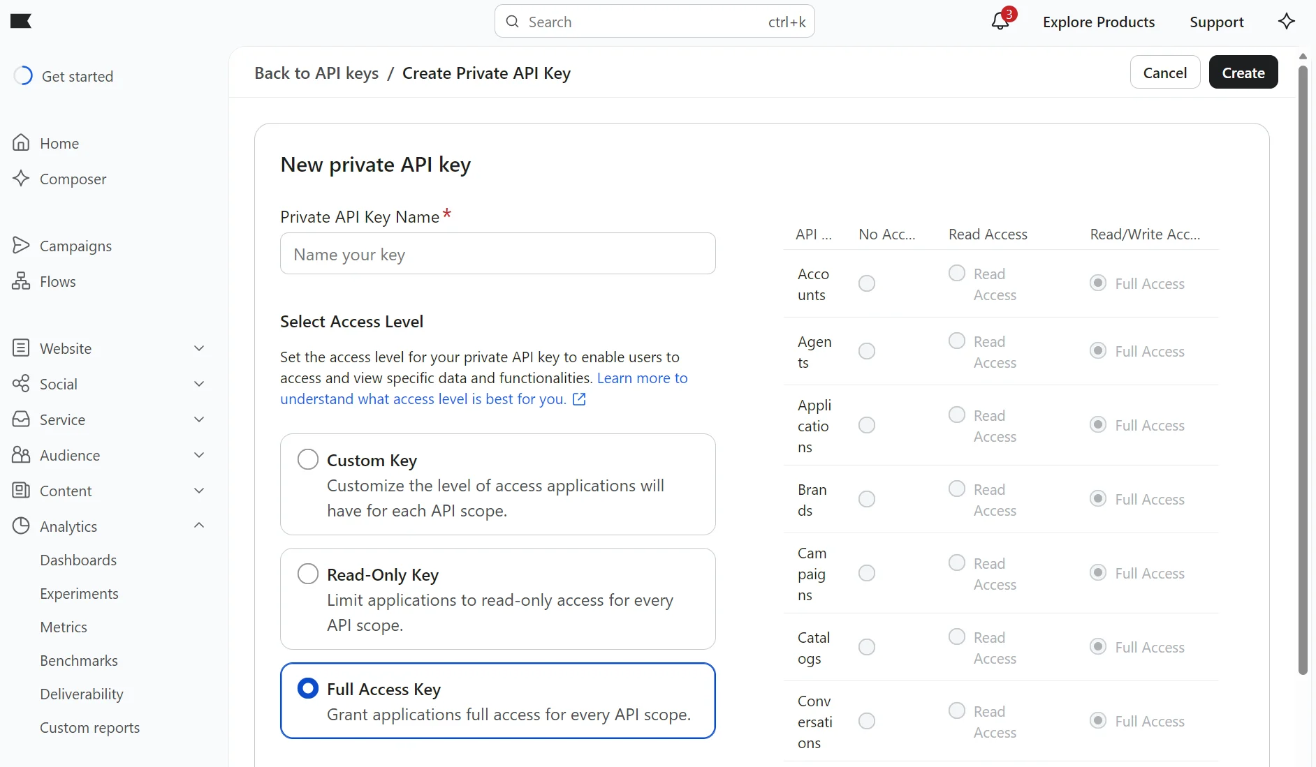 Name your API key, select access level, then click Create to generate a private API key with chosen permissions.