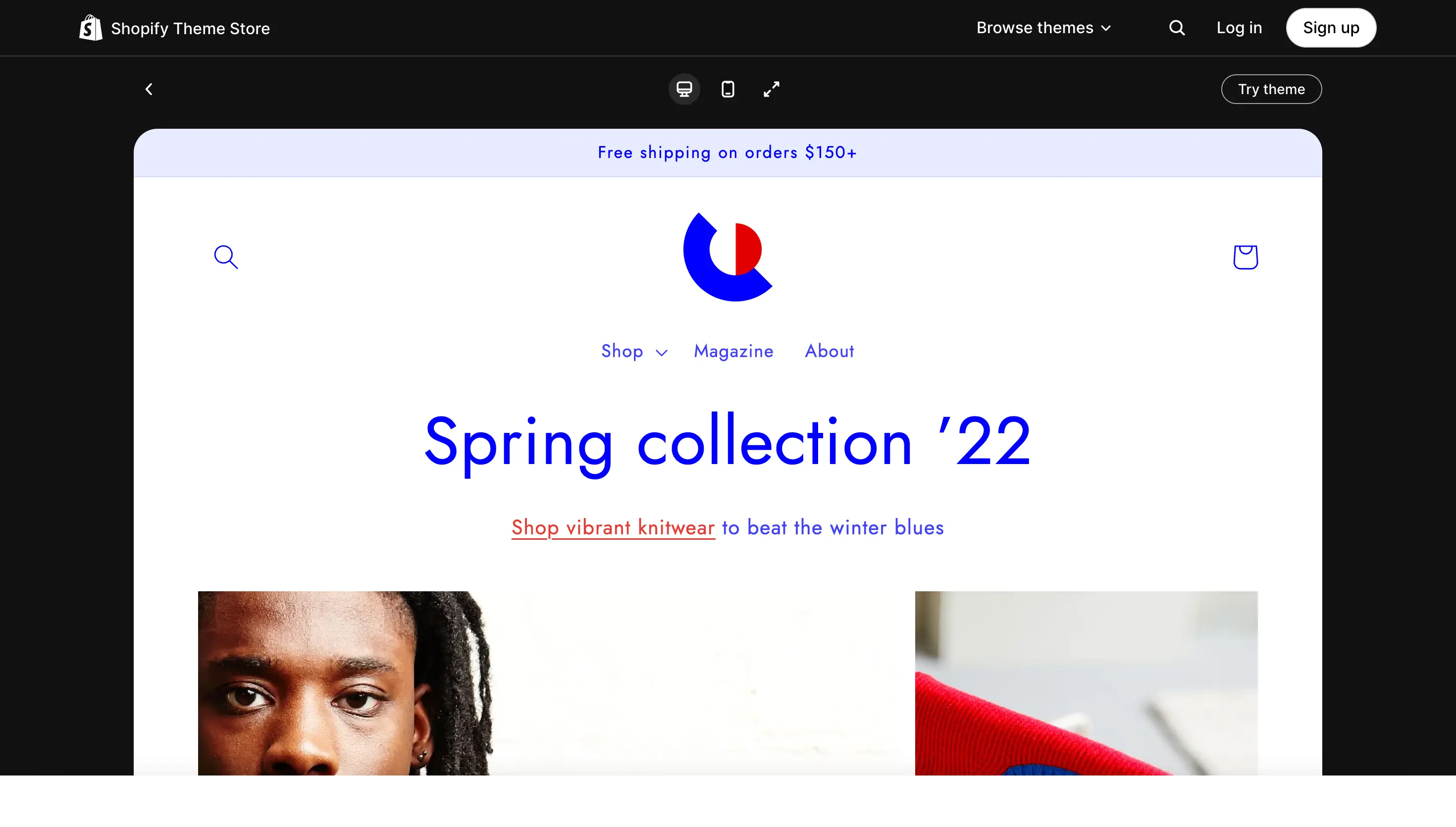 Colorblock theme preview. Image via Shopify Theme Store. Online store page displaying Spring collection 22 and a navigation menu, with model photos partially visible.