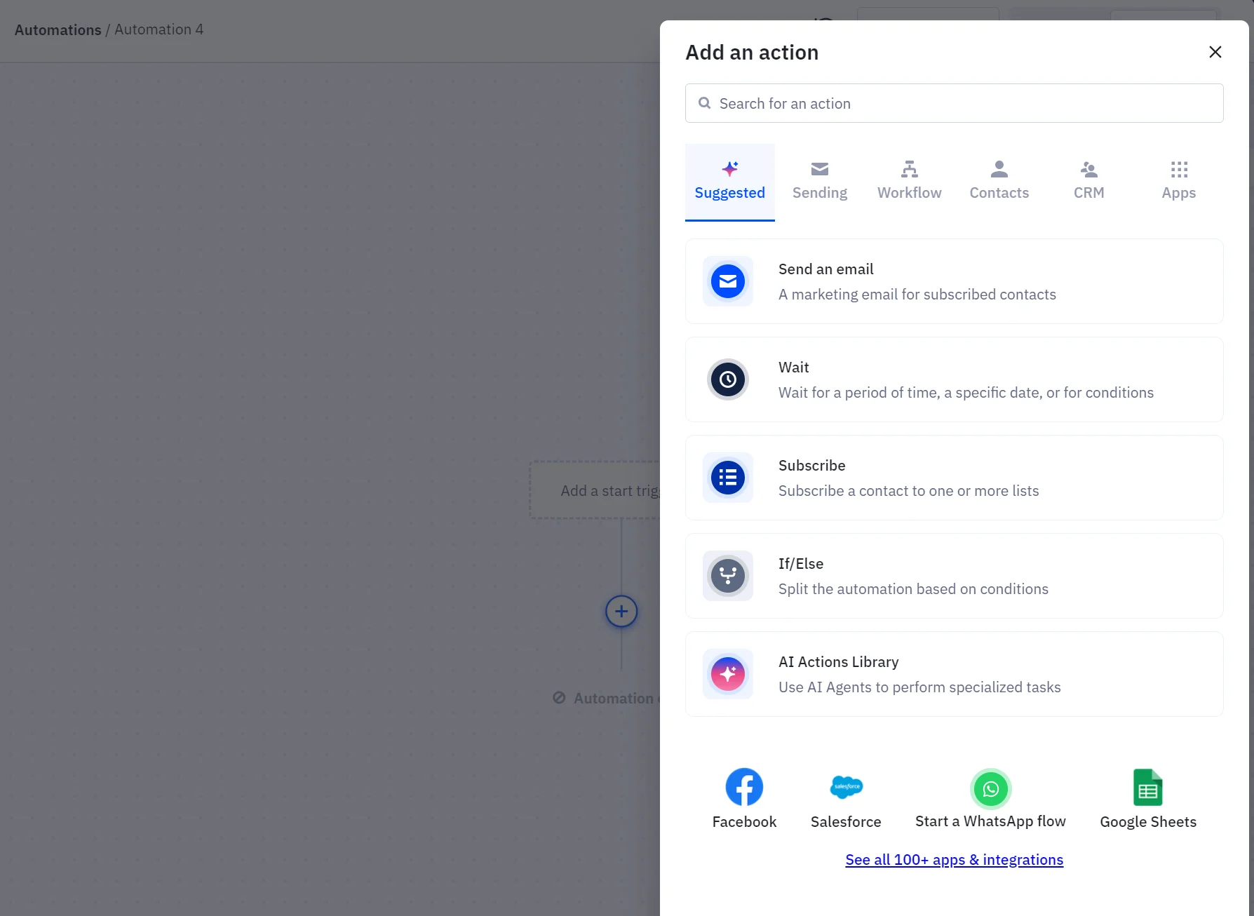 A user interface screen showing action options such as Send an email, Wait, Subscribe, and integrations like Facebook.