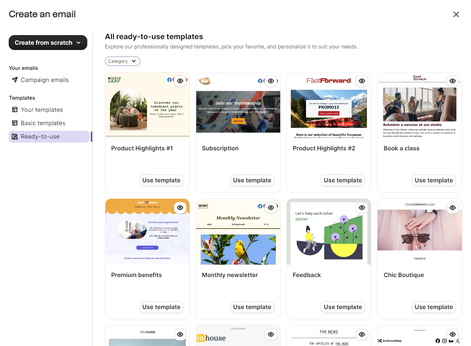 A selection of ready-to-use email templates with preview images and Use template buttons.