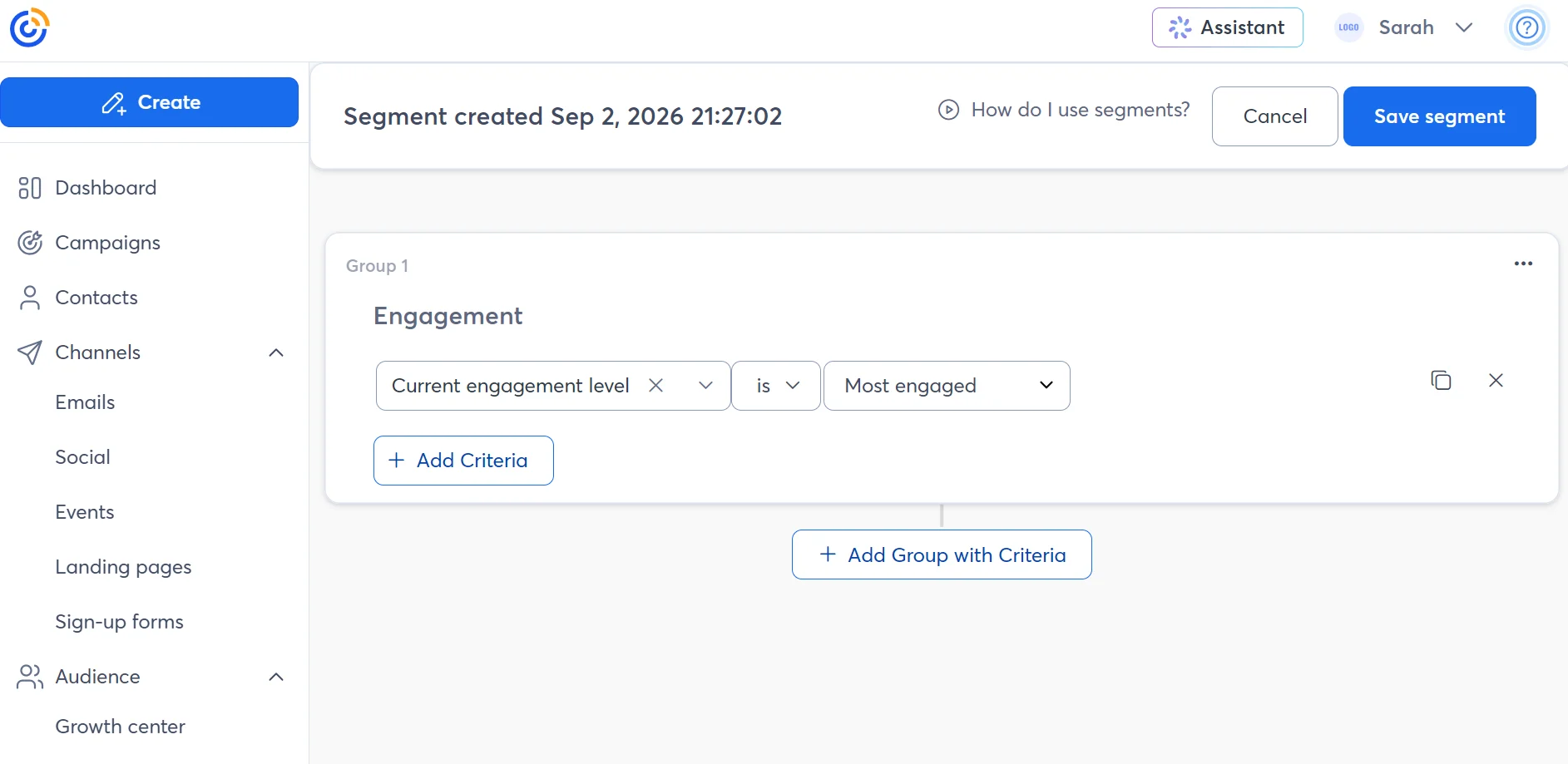 A web page shows a user creating a segment by filtering audience by most engaged under current engagement level.