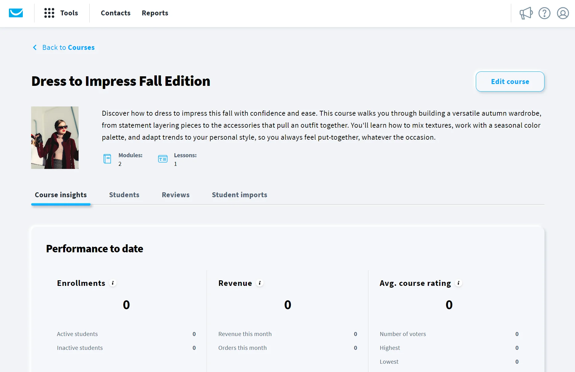 Performance data for a course calle Dress to Impress Fall Edition showing enrollments, revenue, and average rating.
