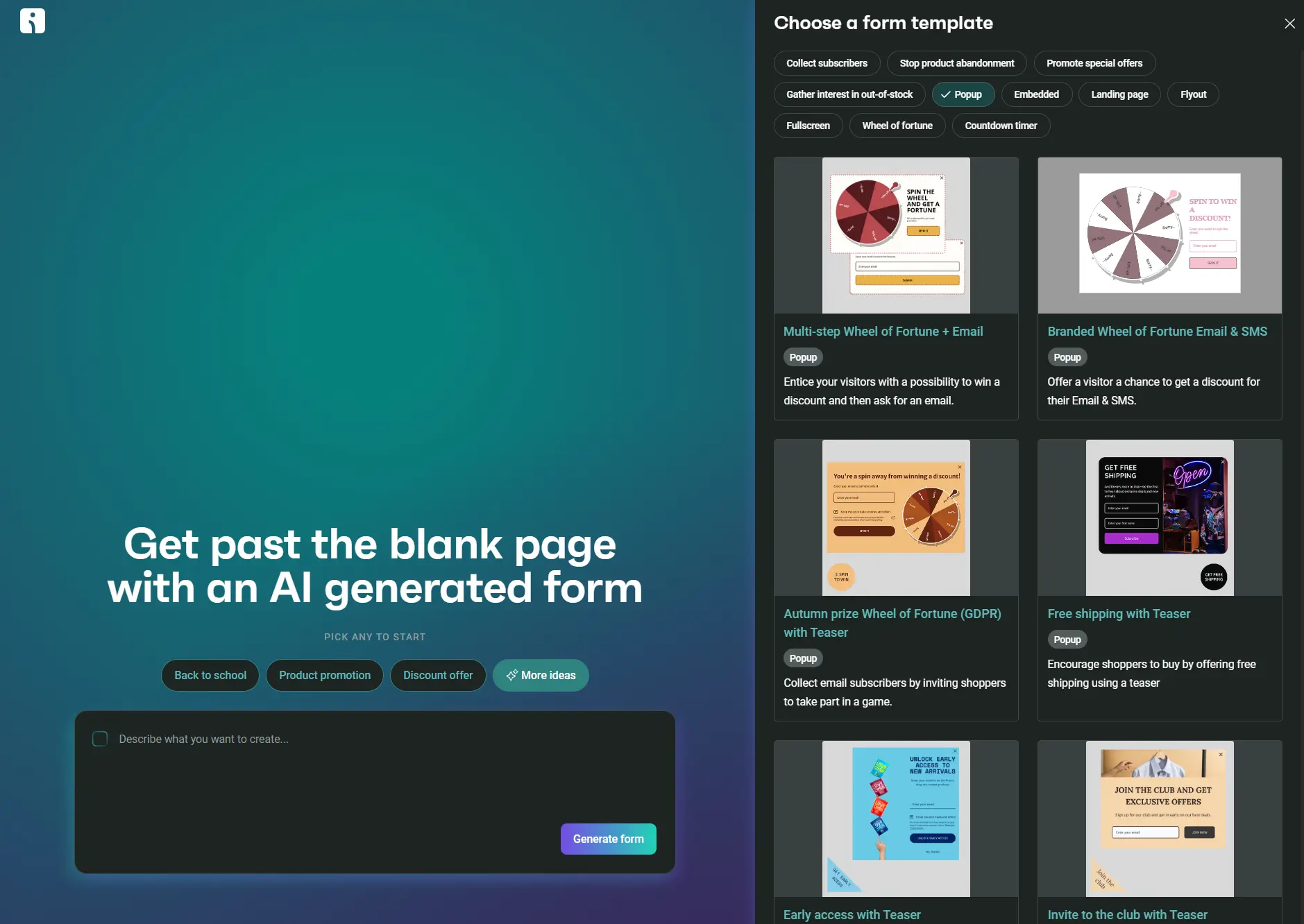 AI form builder interface with template options on the right and a text input area on the left for form creation.