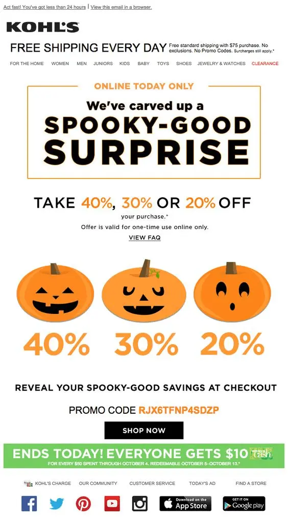 Kohls Halloween sale email with three jack-o-lanterns, offering 40%, 30%, or 20% off using a promo code.