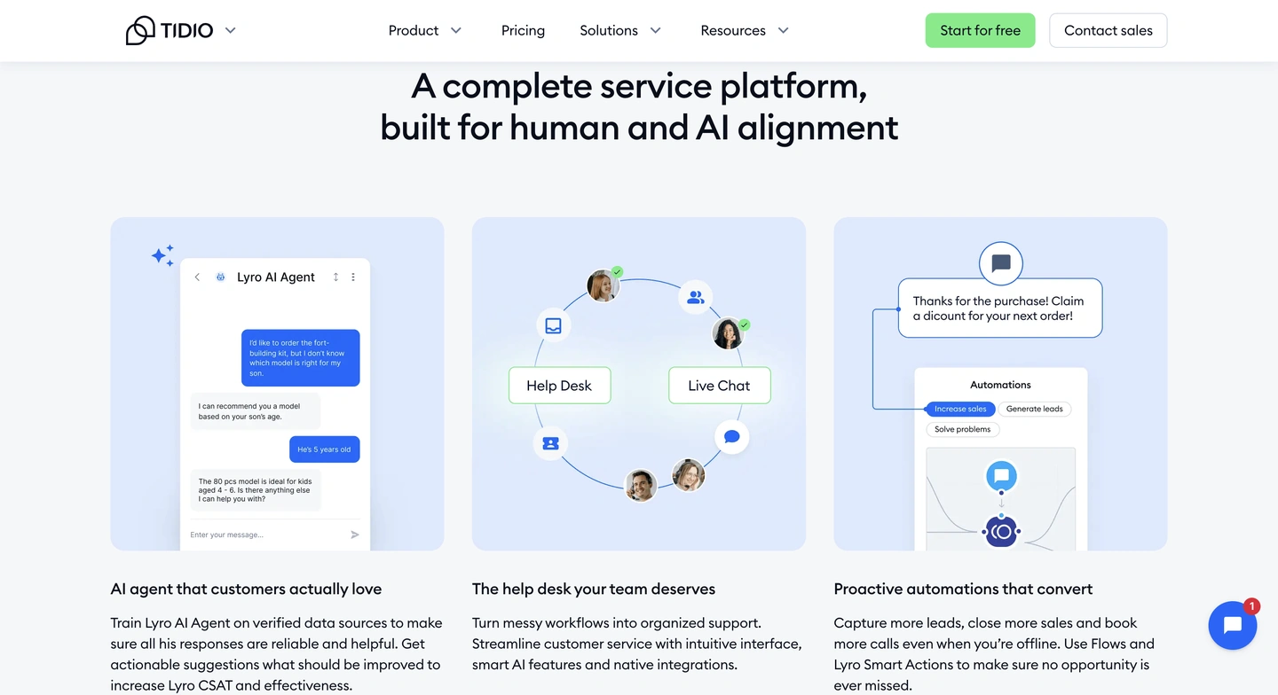 Three panels show features of a service platform, including AI chat, help desk workflows, and automation tools.