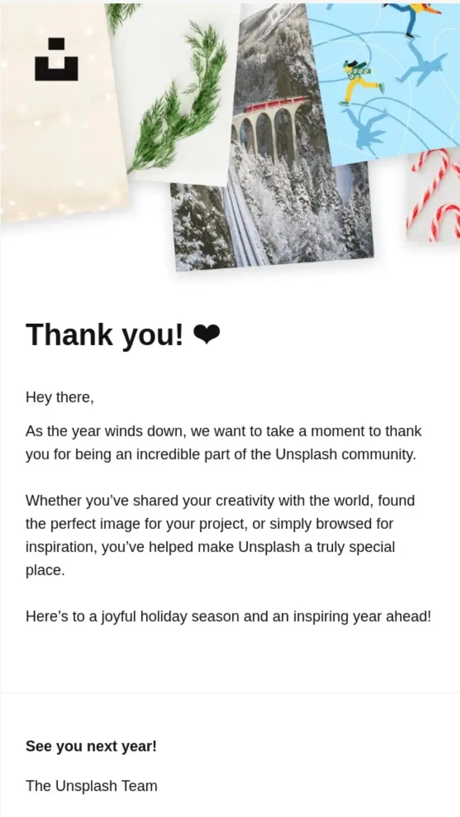 Holiday-themed thank you card from Unsplash with greeting text and festive images at the top.