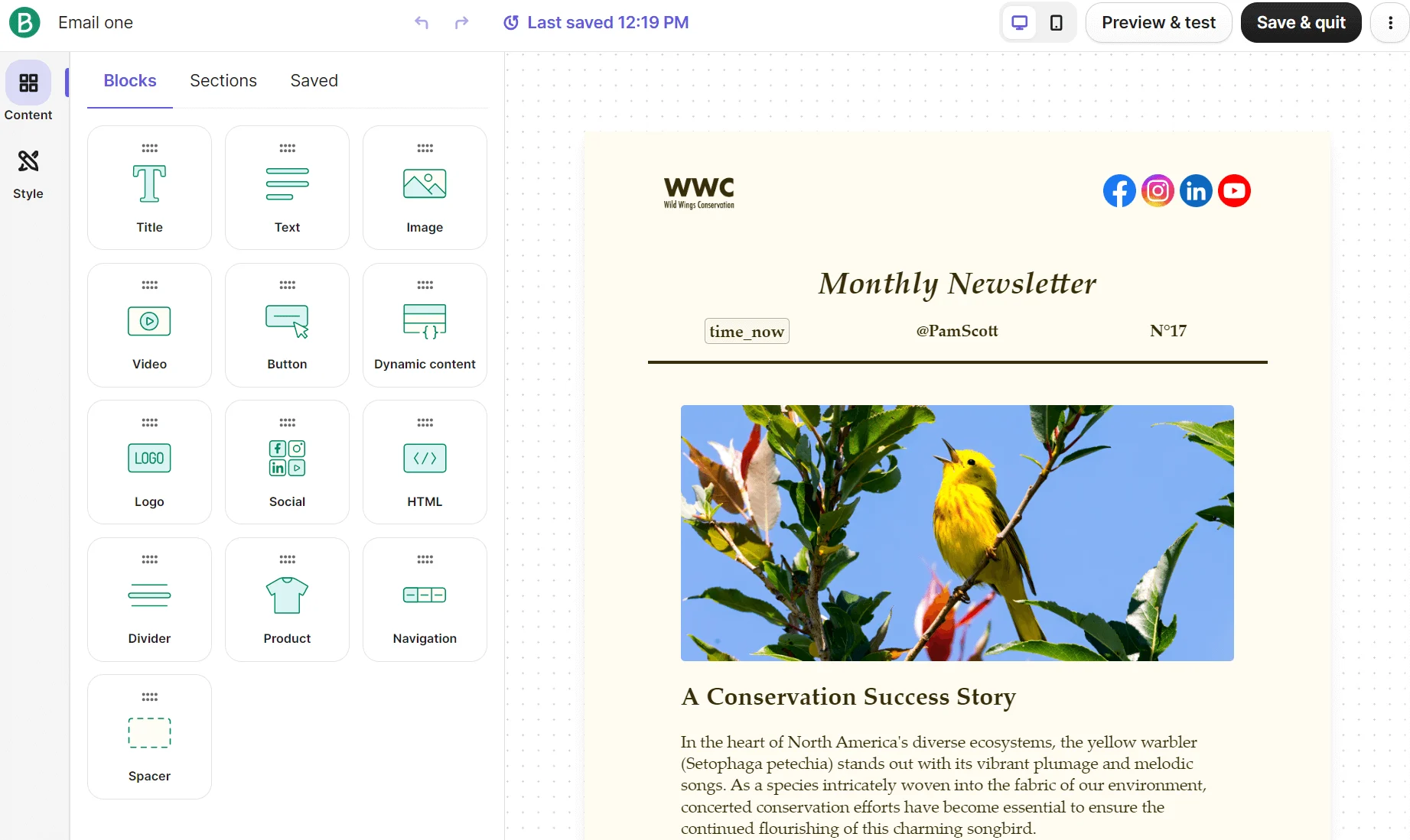 Email newsletter editor showing a template with a yellow bird image and sample newsletter content being edited.