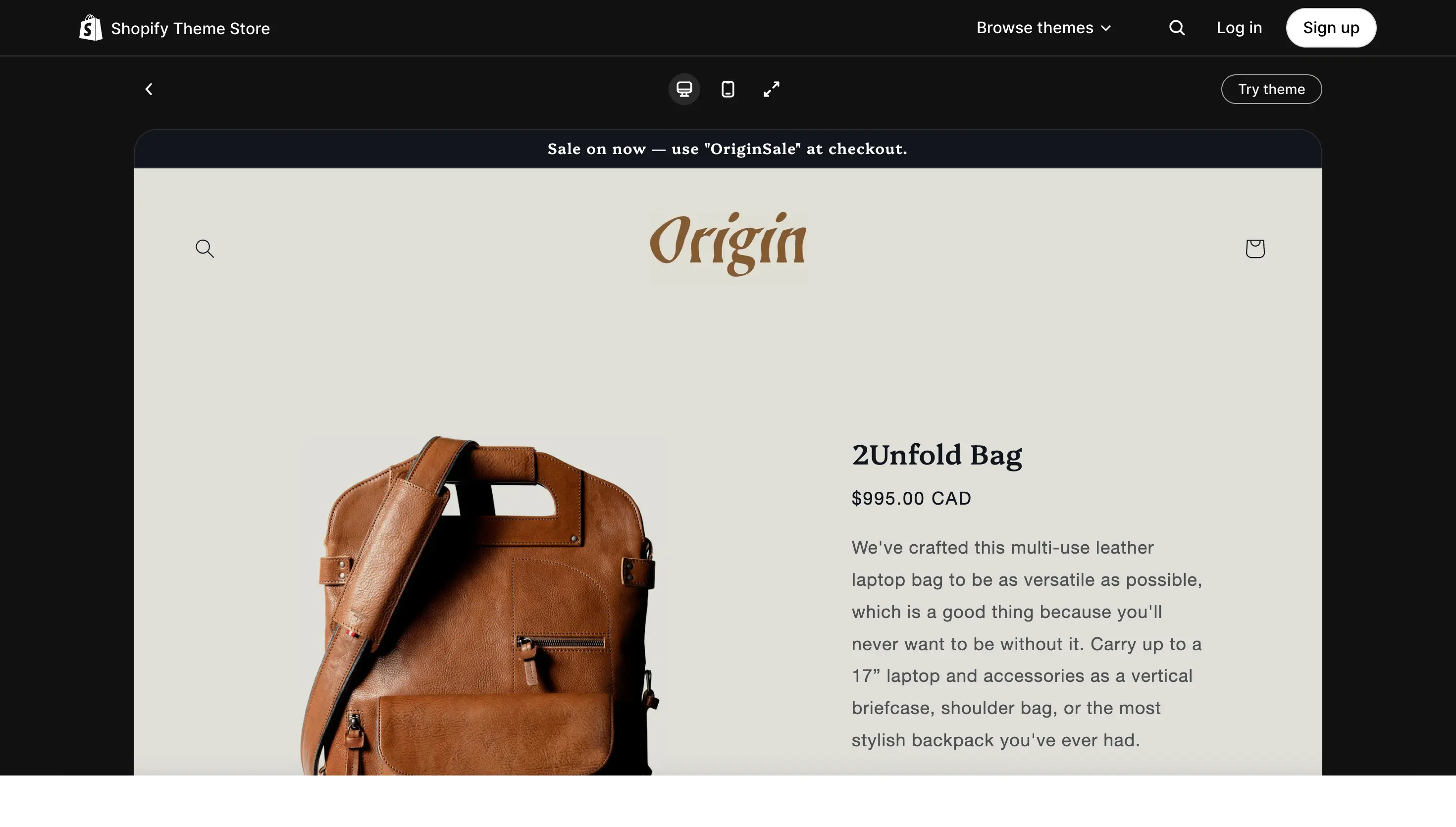 Origin theme preview. Image via Shopify Theme Store. Brown leather laptop bag displayed with product details and price, shown on an online store page.
