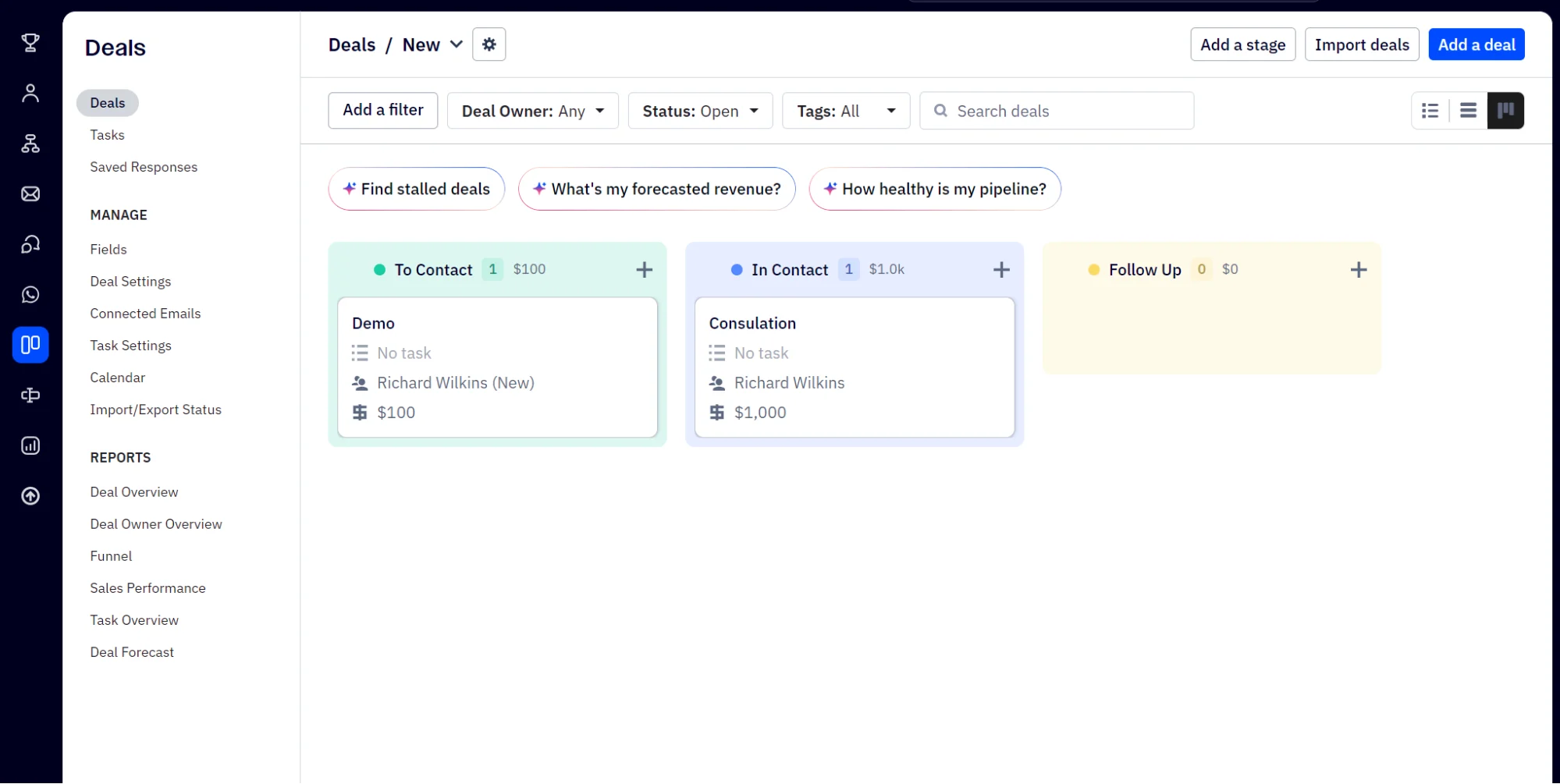 A CRM deals dashboard showing columns for To Contact, In Contact, and Follow Up, each with active deals listed.