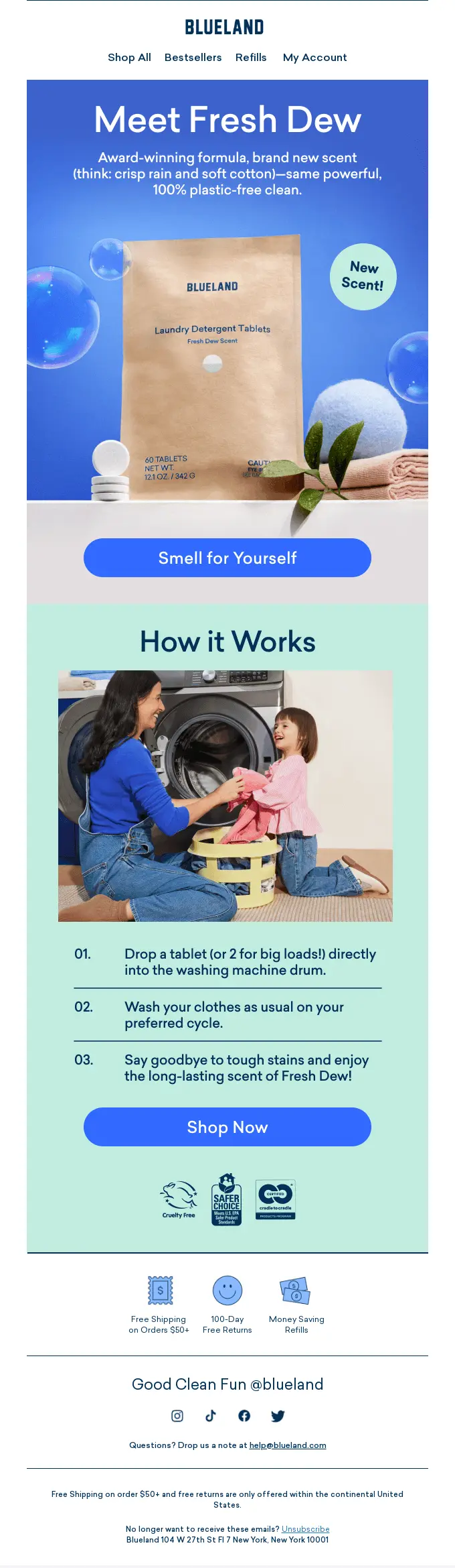 Bluelands email featuring its award-winning Fresh Dew scent in a blue background and usage instructions.
