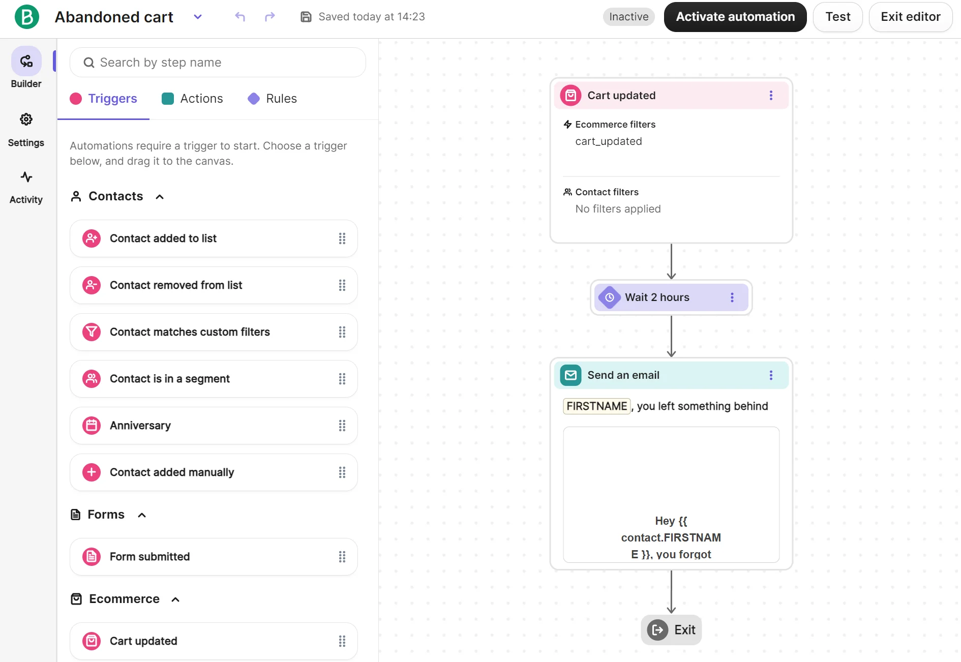 Marketing automation workflow for abandoned cart: triggers, filters, wait, then email reminder to customer.