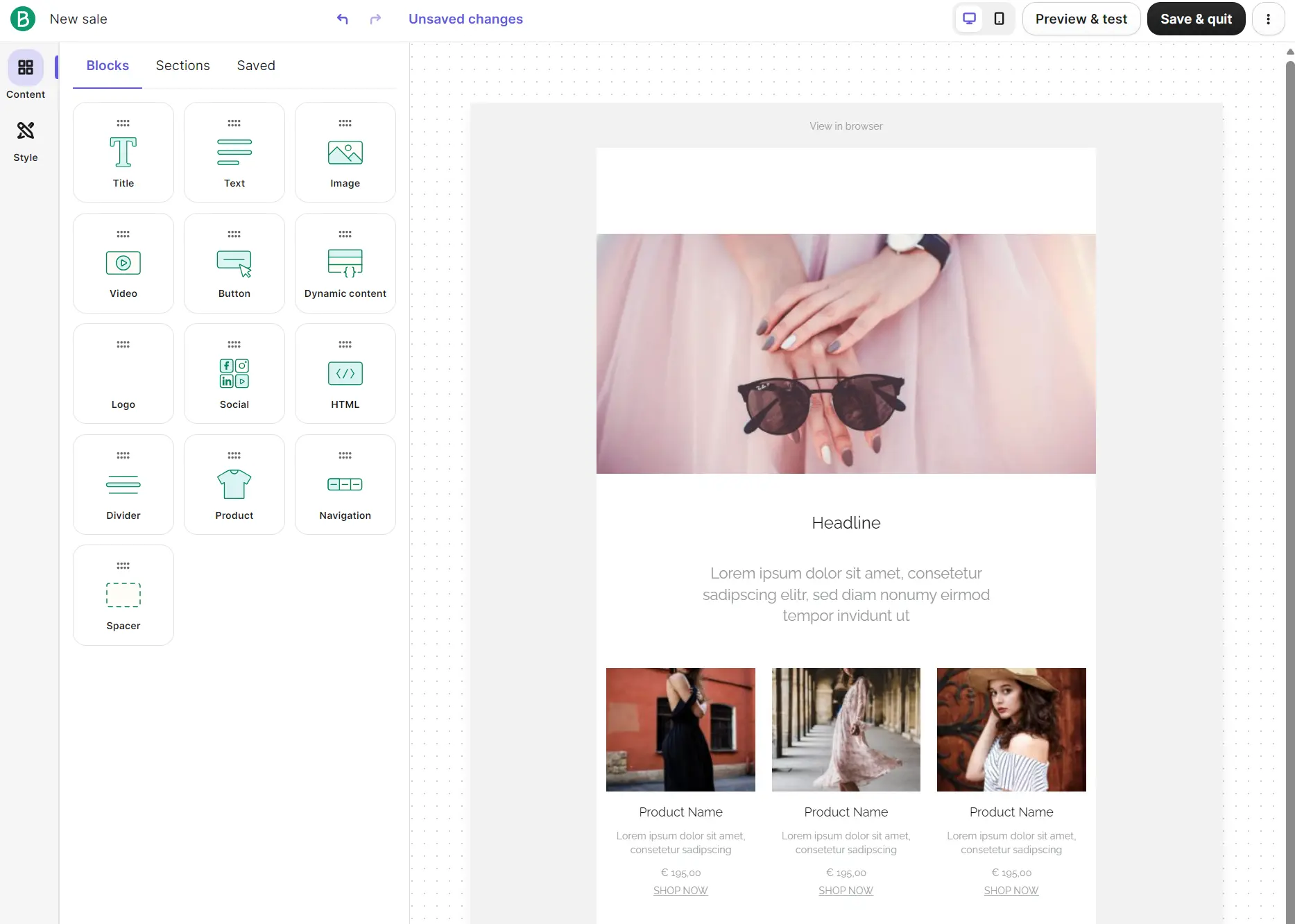 Email editor with the email preview on the right and the block elements on the left.