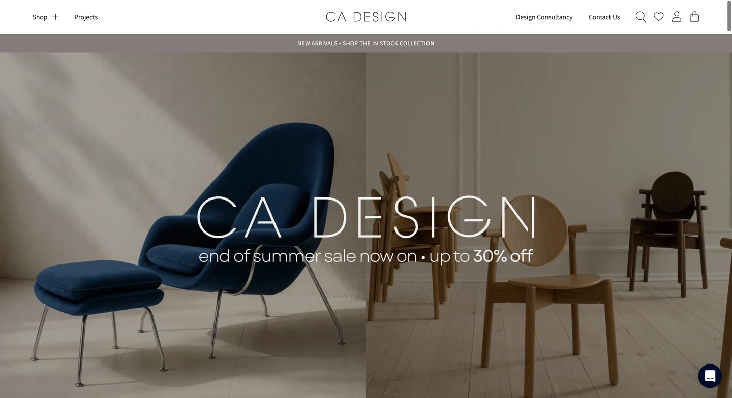 Blue lounge chair with ottoman and wooden chairs; CA Design website announces end of summer sale, up to 30% off.