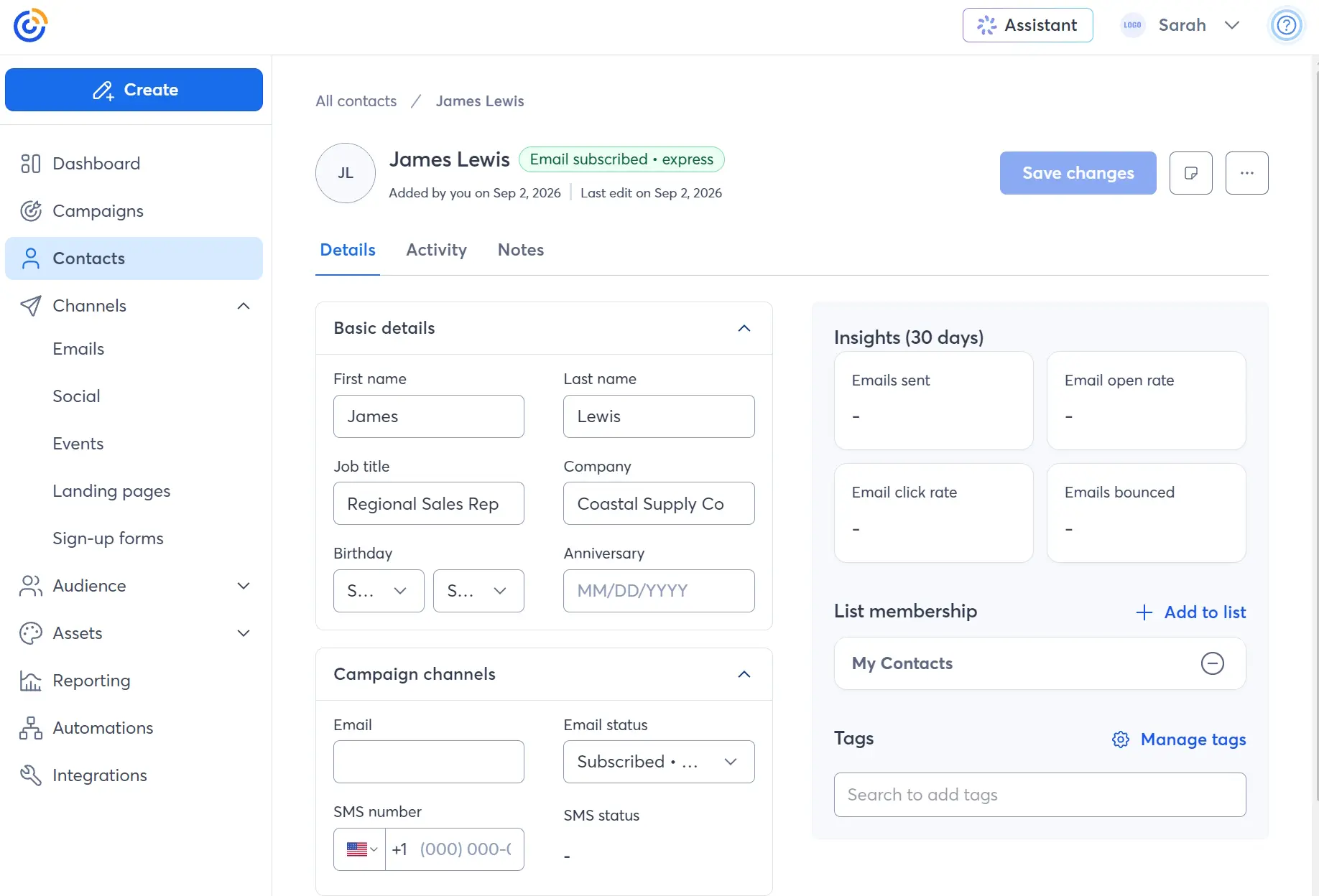 Contact profile for James Lewis showing details, campaign channels, and insights on a marketing platform dashboard.