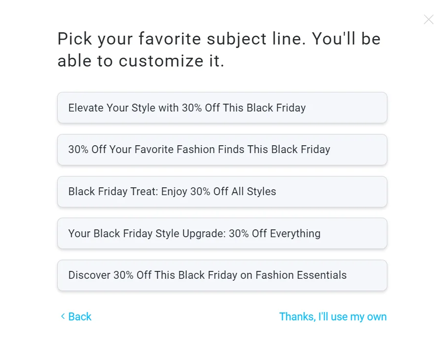 A list of five Black Friday sale subject lines is shown for users to choose from, with navigation buttons below.