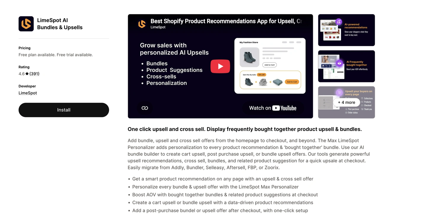 A webpage for LimeSpot AI Bundles, describing Shopify upsell features and showing a video preview panel.