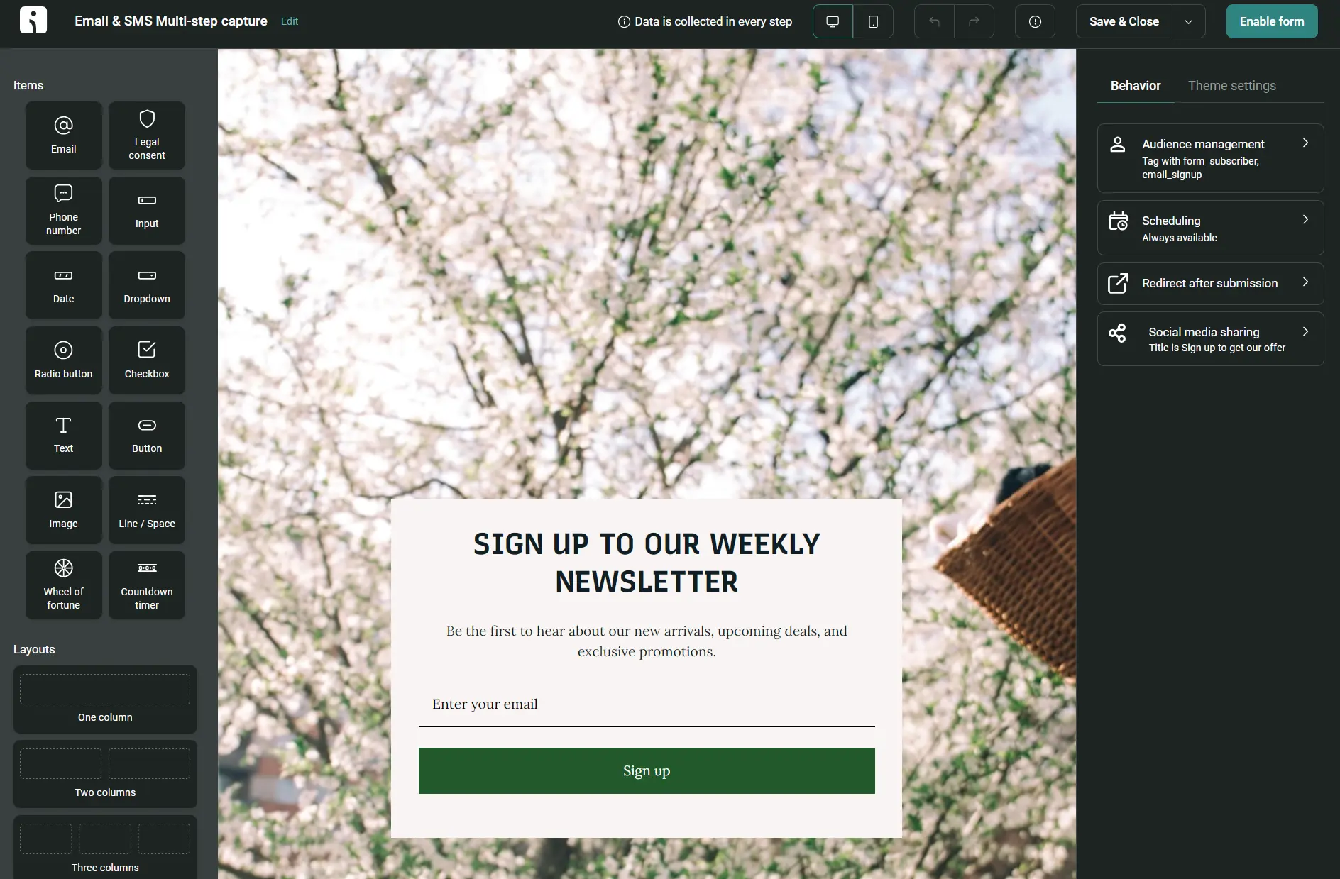 Newsletter sign-up form over a blurred background of blossoming tree branches, with email entry and sign-up button.