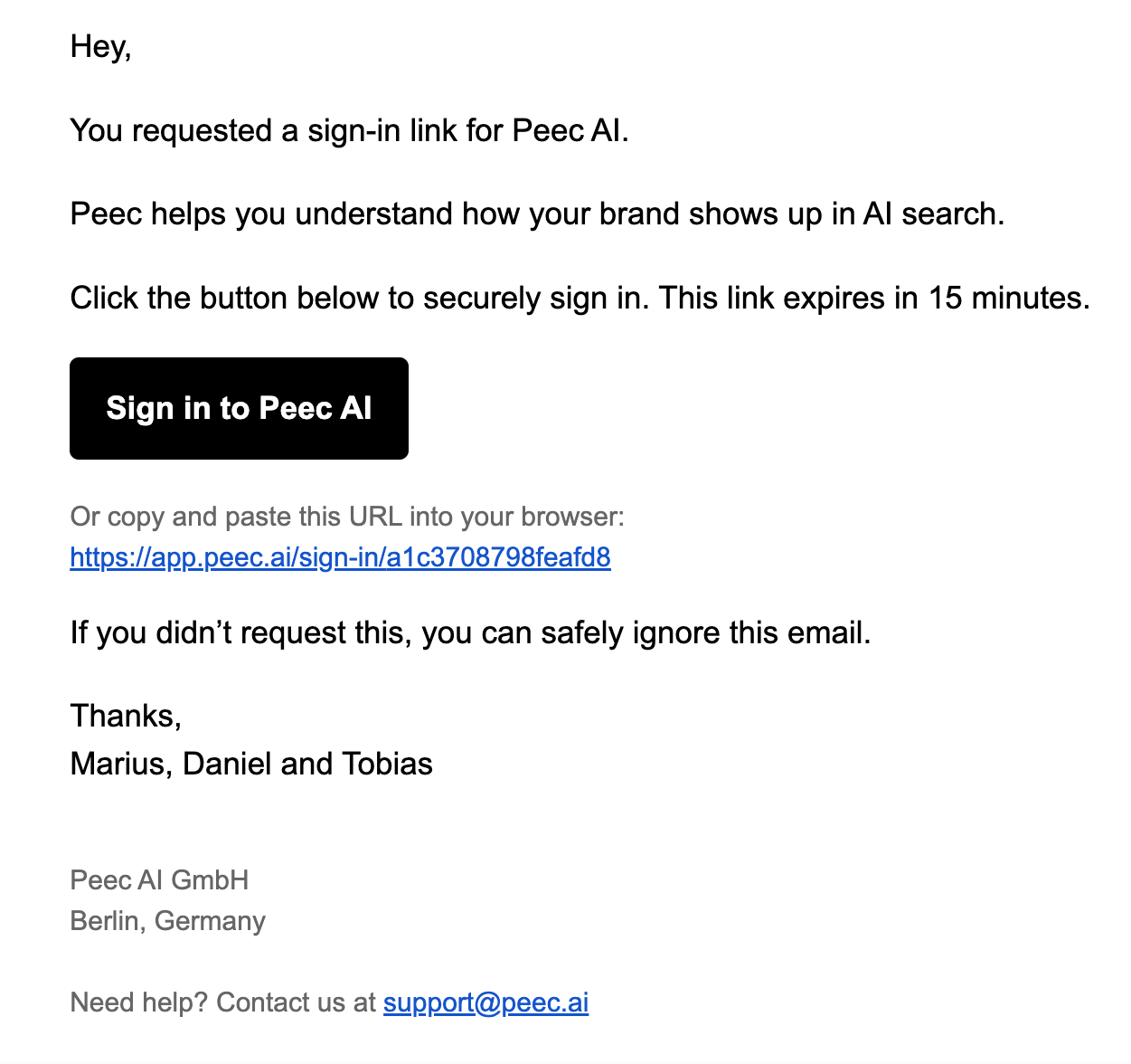 Email showing a sign-in link request for Peec AI, including a button, URL, and sender contact details.