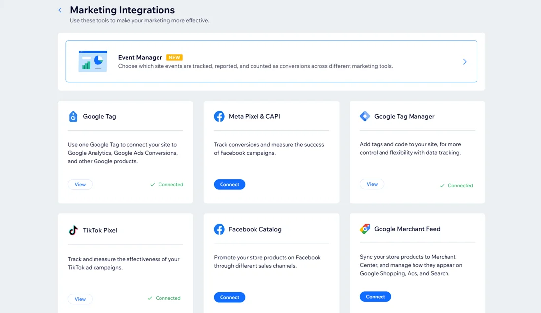 Dashboard shows six marketing integrations, including Google Tag, Meta Pixel, Google Tag Manager, TikTok Pixel, and catalogs.