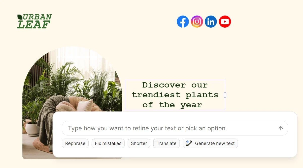 Urban Leaf website page showing indoor plants, a sofa, and a prompt about discovering the trendiest plants of the year.