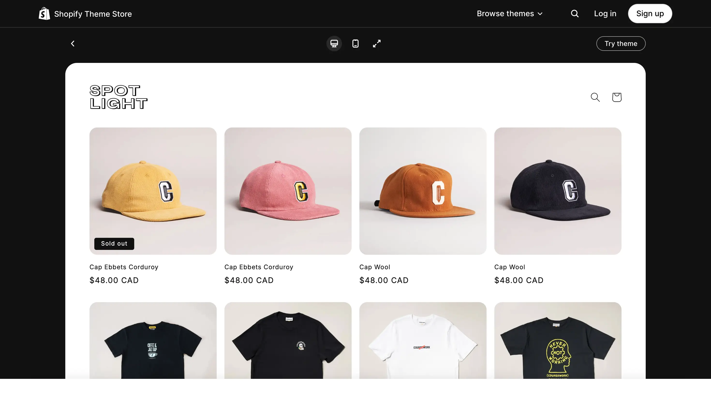 Spotlight theme preview. Image via Shopify Theme Store. Online store page showing five caps in various colors and five t-shirts, each with prices listed in CAD.