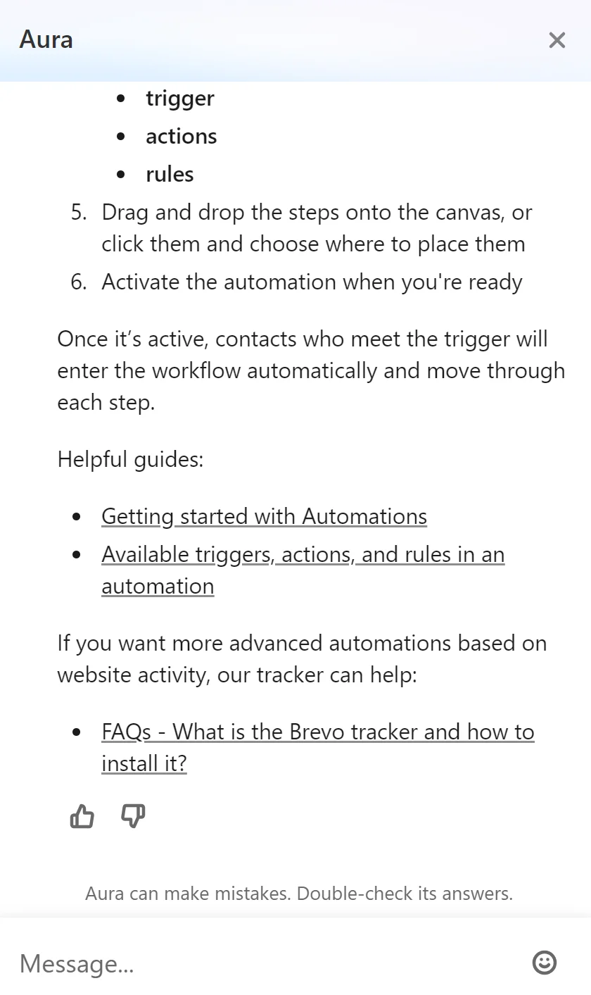 Instructions for setting up automations, with steps, helpful links, and a note about tracking website activity with Brevo.